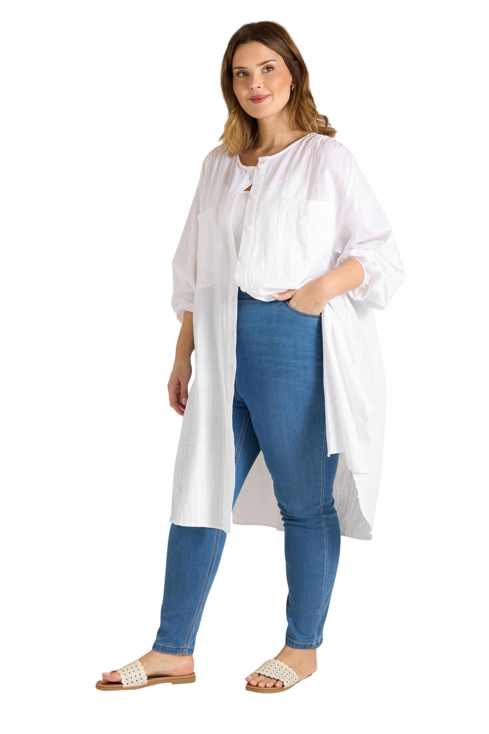 Evans Women's White Curve Linen Longline Tunic Shirt - Plus Size Curve