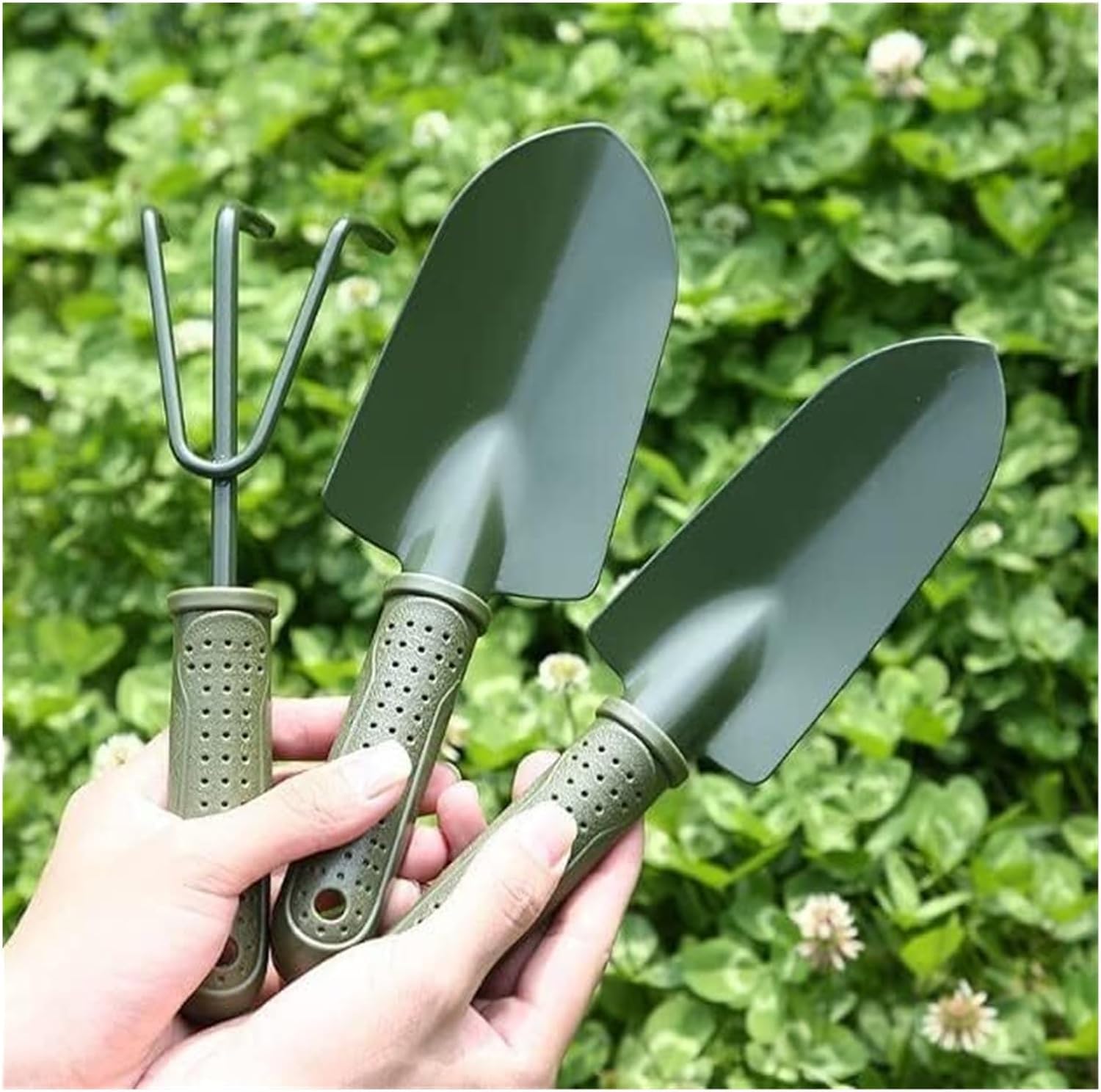 Attrezzi da Giardinaggio in ghisa, Set di Attrezzi da Giardino Verdi in Acciaio Inossidabile PP, Confezione da 3 Attrezzi for fiorire cazzuola, forchetta e Vaso
