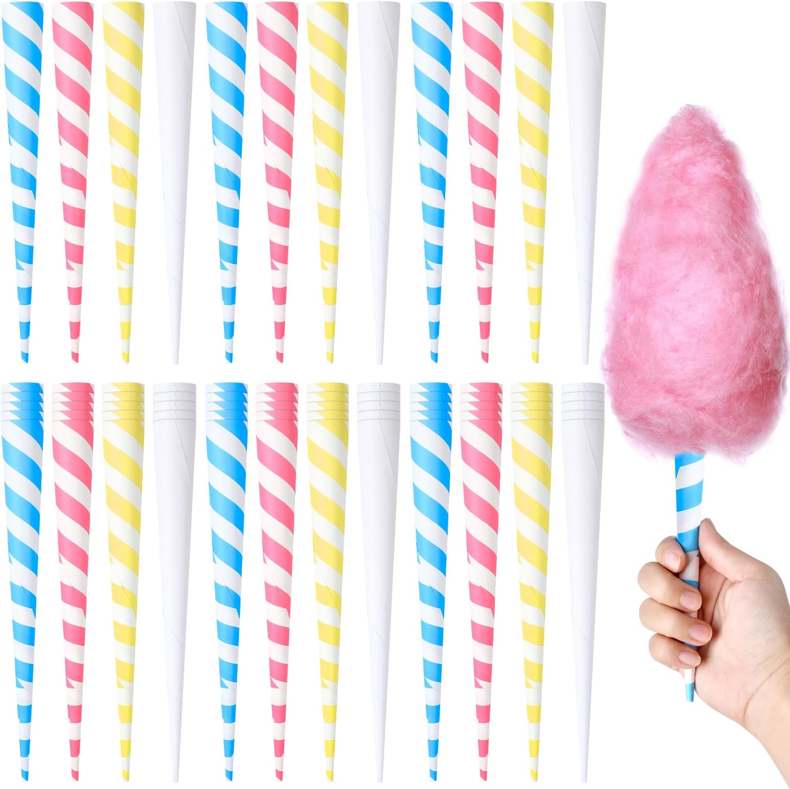 100Pcs Cotton Candy Cones, Striped Colorful Cotton Candy Sticks in Kraft Box, Paper Cotton Candy Floss Sugar Cane Holder for Cotton Candy Making Accessories Party Birthday Supplies