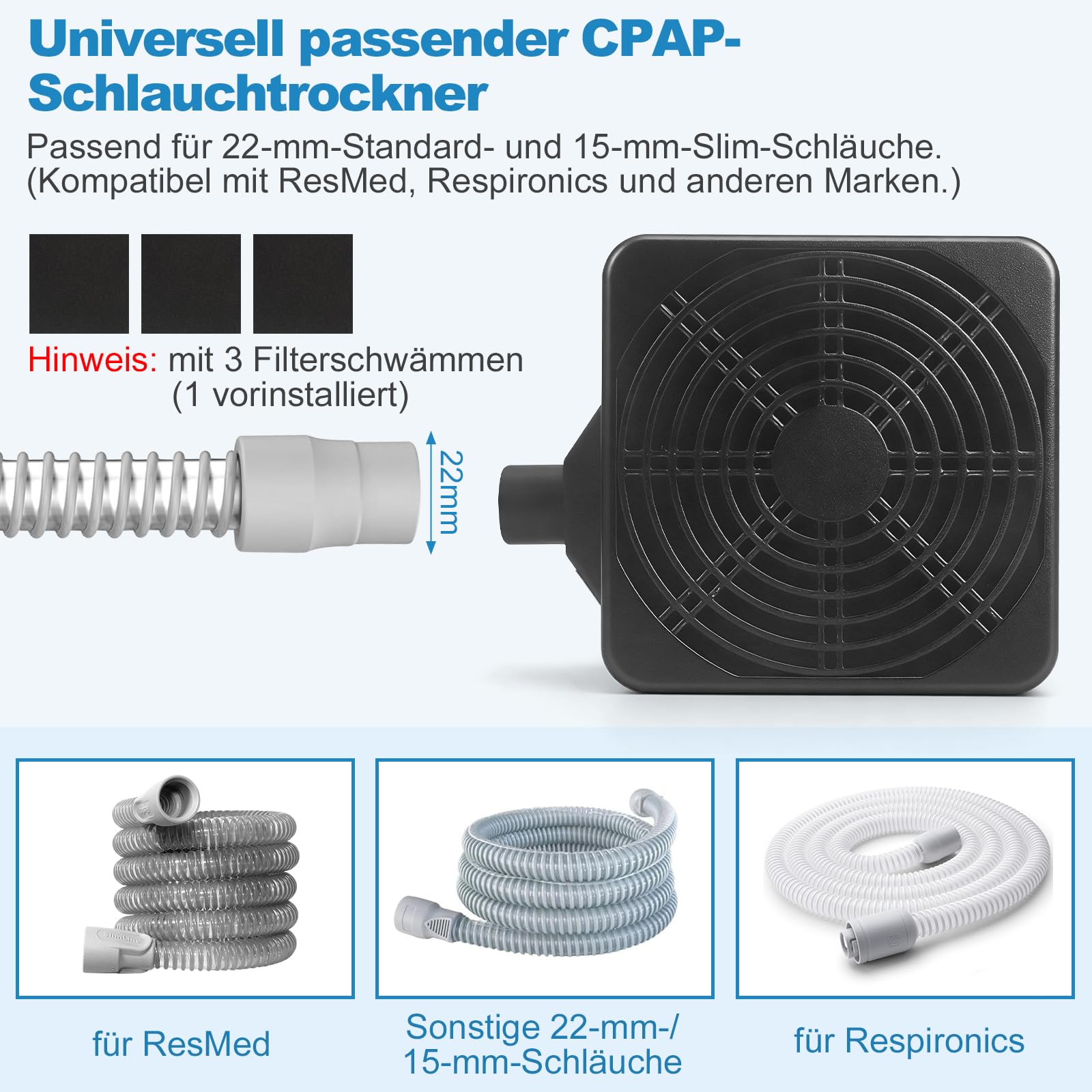 9-teiliges CPAP Reinigungsset – Schlauchtrockner mit 10 Geschwindigkeitsstufen, faltbare 8,3L Waschschüssel, 2,1m Schlauchbürste, Maskenbürste & Doppel-Halter – Kompatibel mit 15mm & 22mm Schläuchen