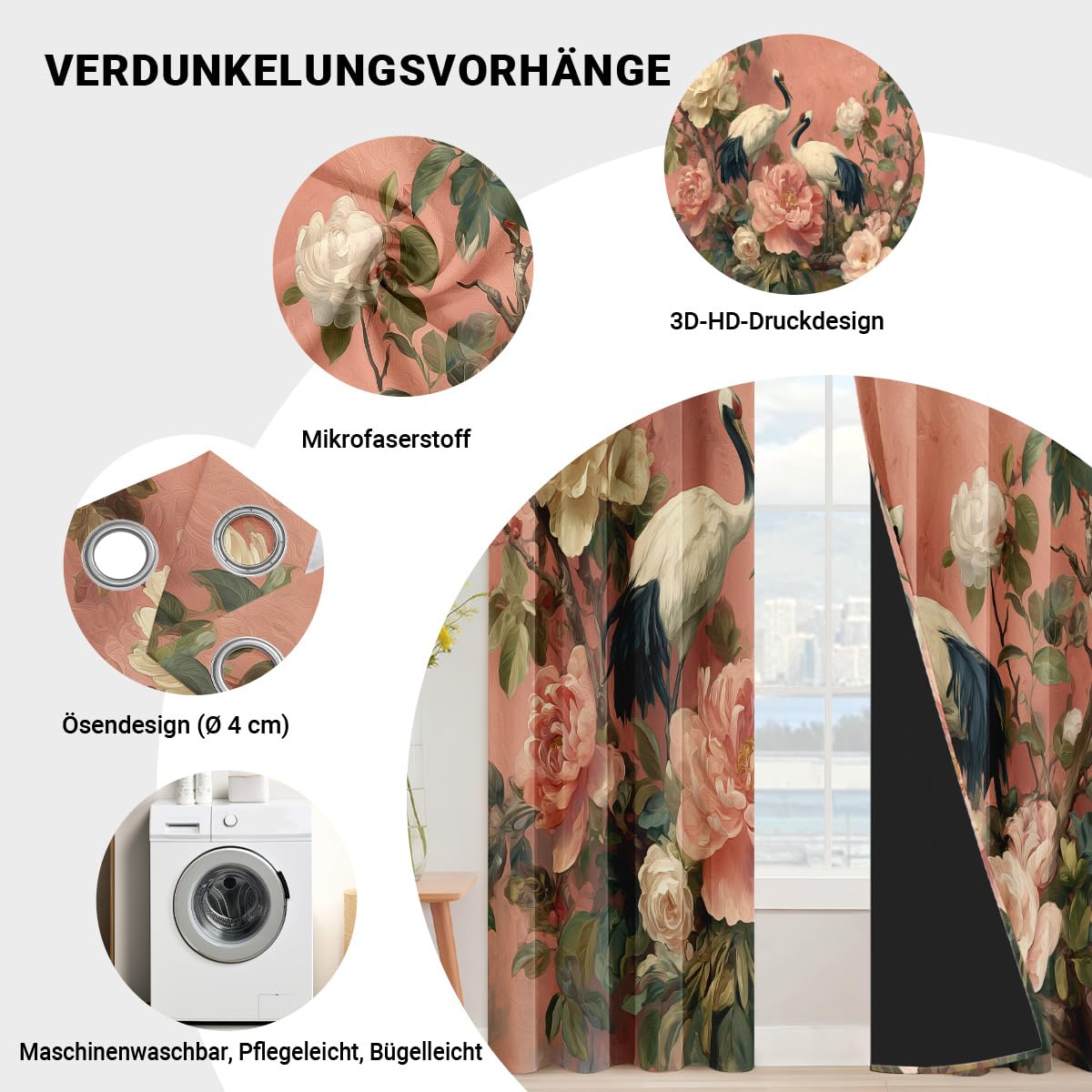 Générique Lot de 2 Rideau Occultant Oiseau Fleur Chinois, Impression Fleur de Pivoine Rideaux de Fenêtre Thermique Isolants Anti Bruit a Oeillets Rideaux Chambre Salon 140x280 cm H39y