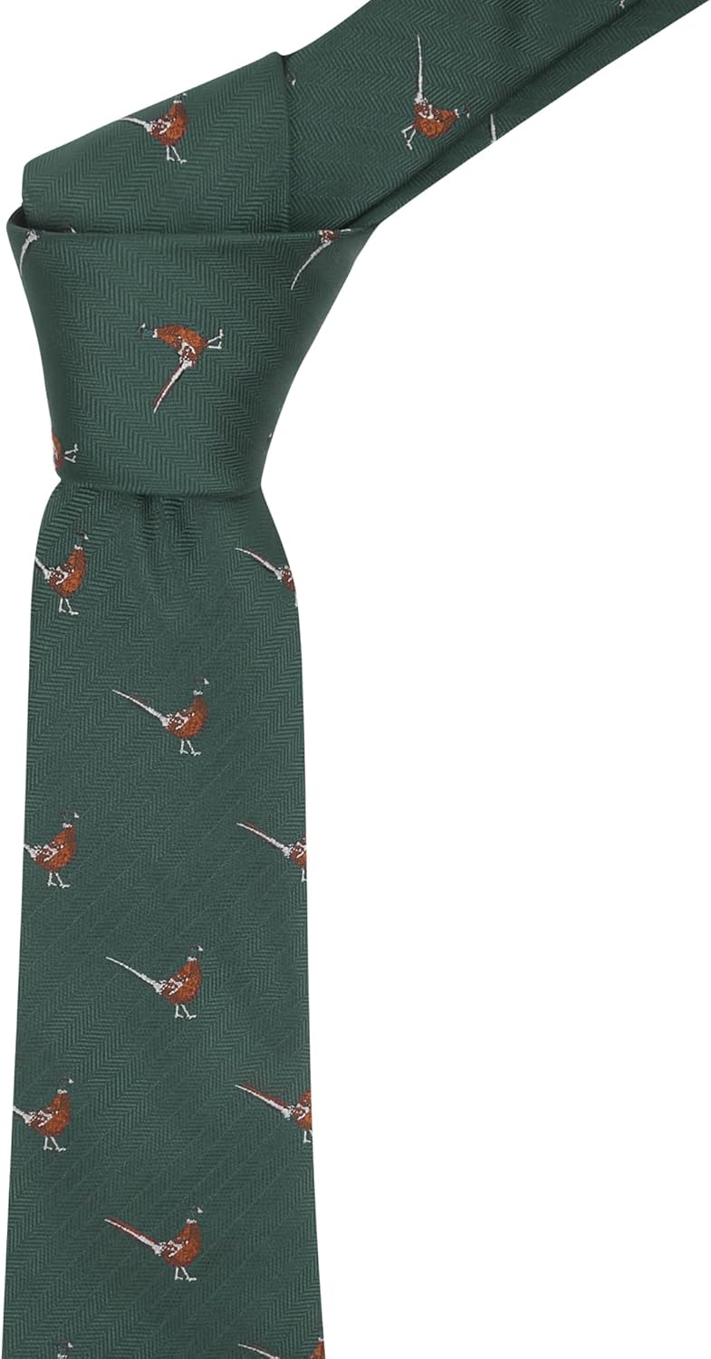 King & Priory Dark Green Herringbone Embroidered Pheasant Tie
