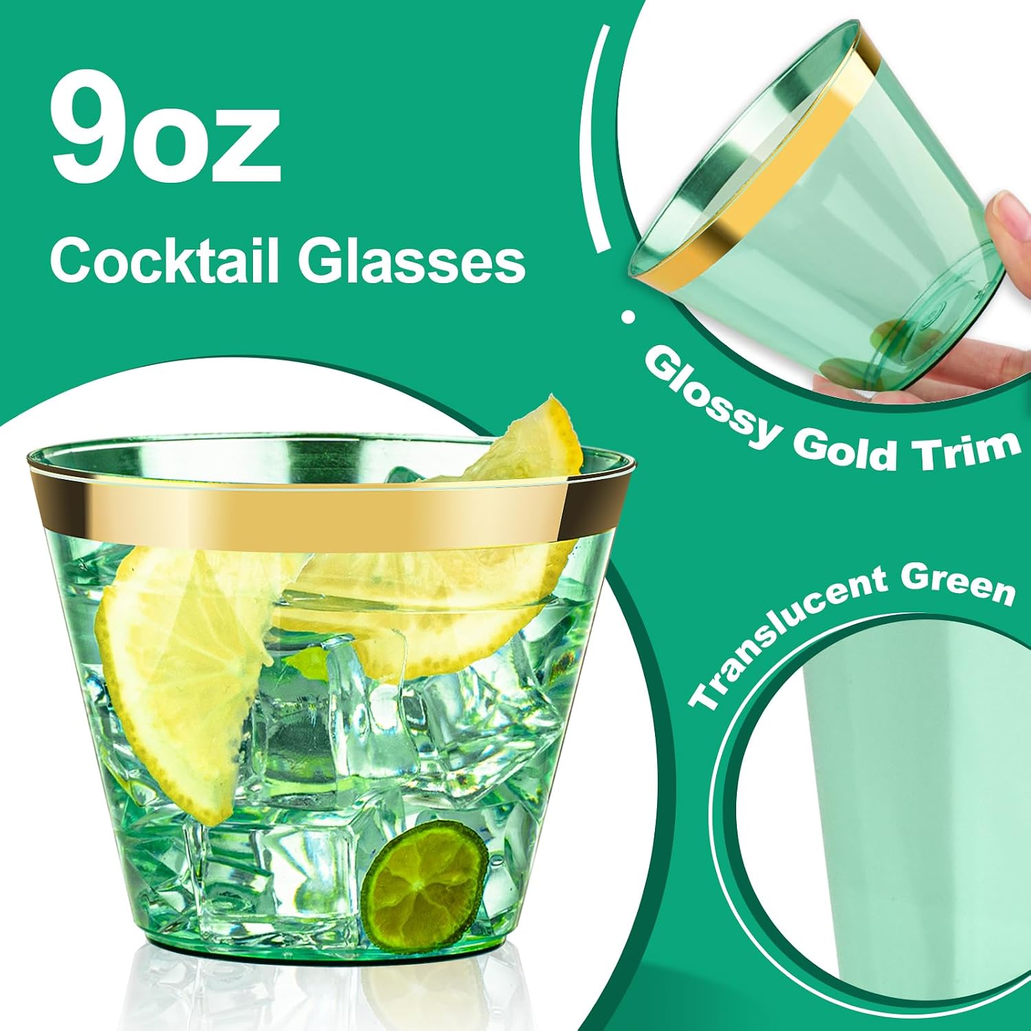 Bestluck 100Pack 9oz Green Plastic Cups,Clear Disposable Cups with Gold Rim image 3