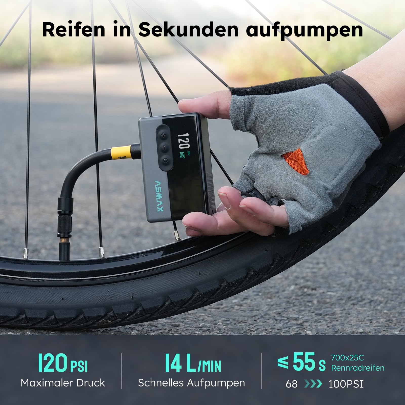 ASMAX Elektrische Mini Fahrradpumpe T30, 120 PSI Tragbarer Luftpumpe mit LCD-Display, Wiederaufladbar 500mAh, 4-in-1 Fahrradpumpe mit LED-Licht & Reifendruckmesser für Farrad/Rennrad/MTB/Bälle