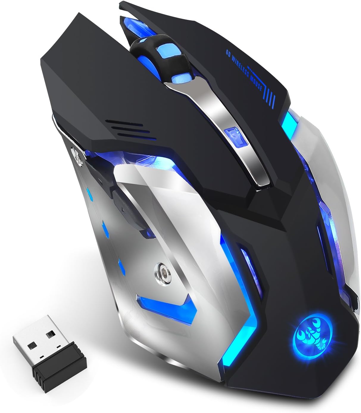 Rechargeable 2.4Ghz Wireless Gaming Mouse with USB Receiver,7 Colors Backlit for MacBook, Computer PC, Laptop (600Mah Lithium Battery) (X70 Black)