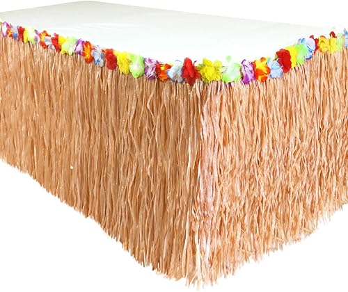 Miniatura 9 de GiftExpress Falda de mesa de hierba Luau de 9 pies x 29.5 pulgadas, falda de fiesta temática hawaiana con decoración de flores de hibisco, telón de