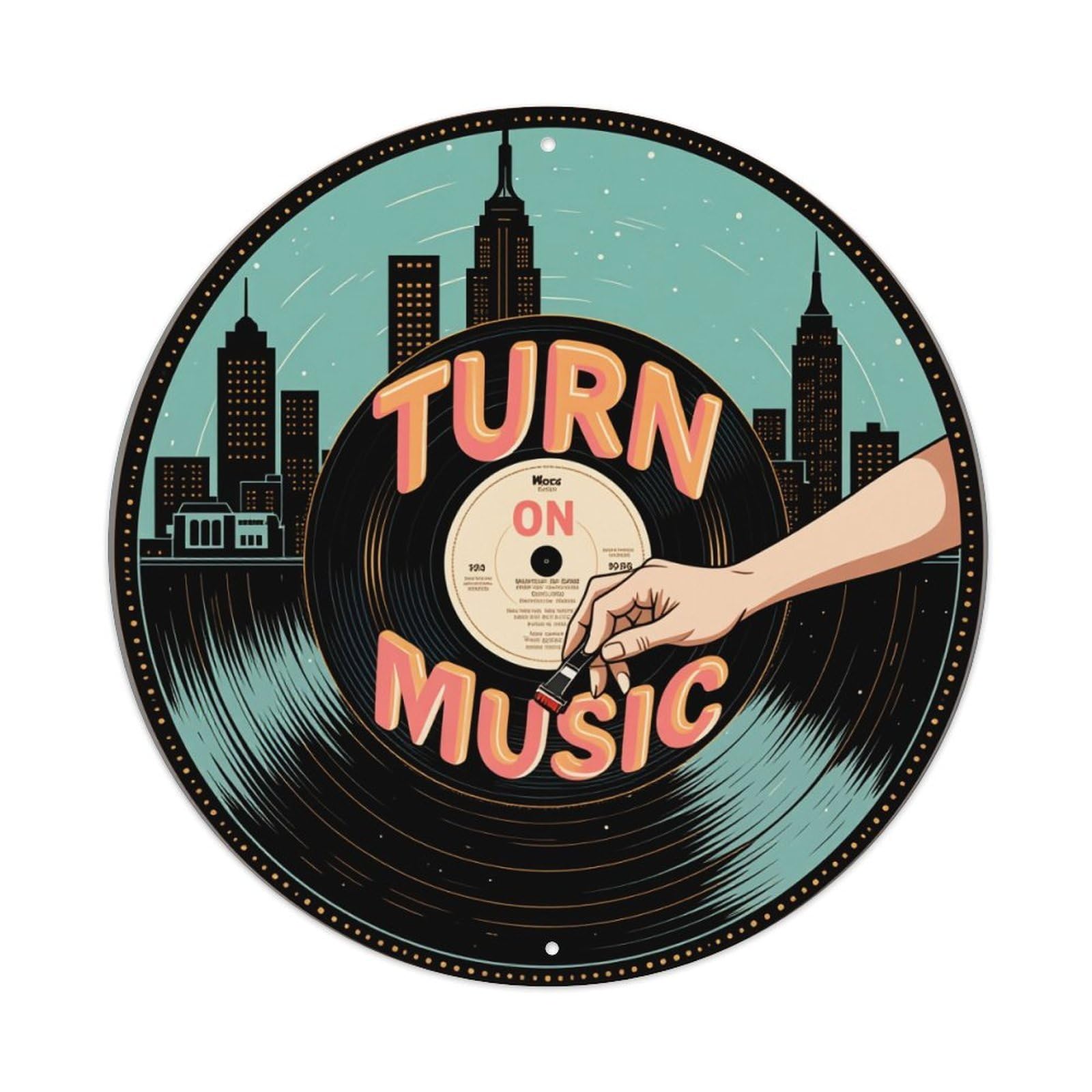 Turn On Music Vinyl Record Round Tin Sign Retro Metal Sign for Cafe Bar Pub Home Game Room Gym Club Wall Decoration Vintage Metal Poster 8x8 Inch
