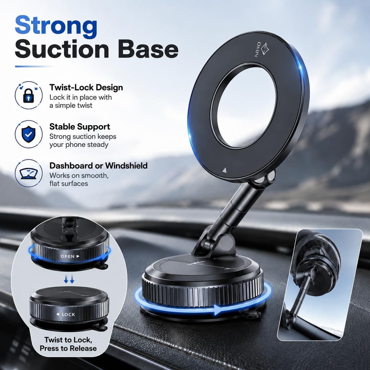 Soporte magnético para teléfono de coche, ventosa al vacío y almohadilla adhesiva, soporte 2 en 1, 24 imanes N52, rotación de 360°, soporte universal compatible con MagSafe para salpicadero
