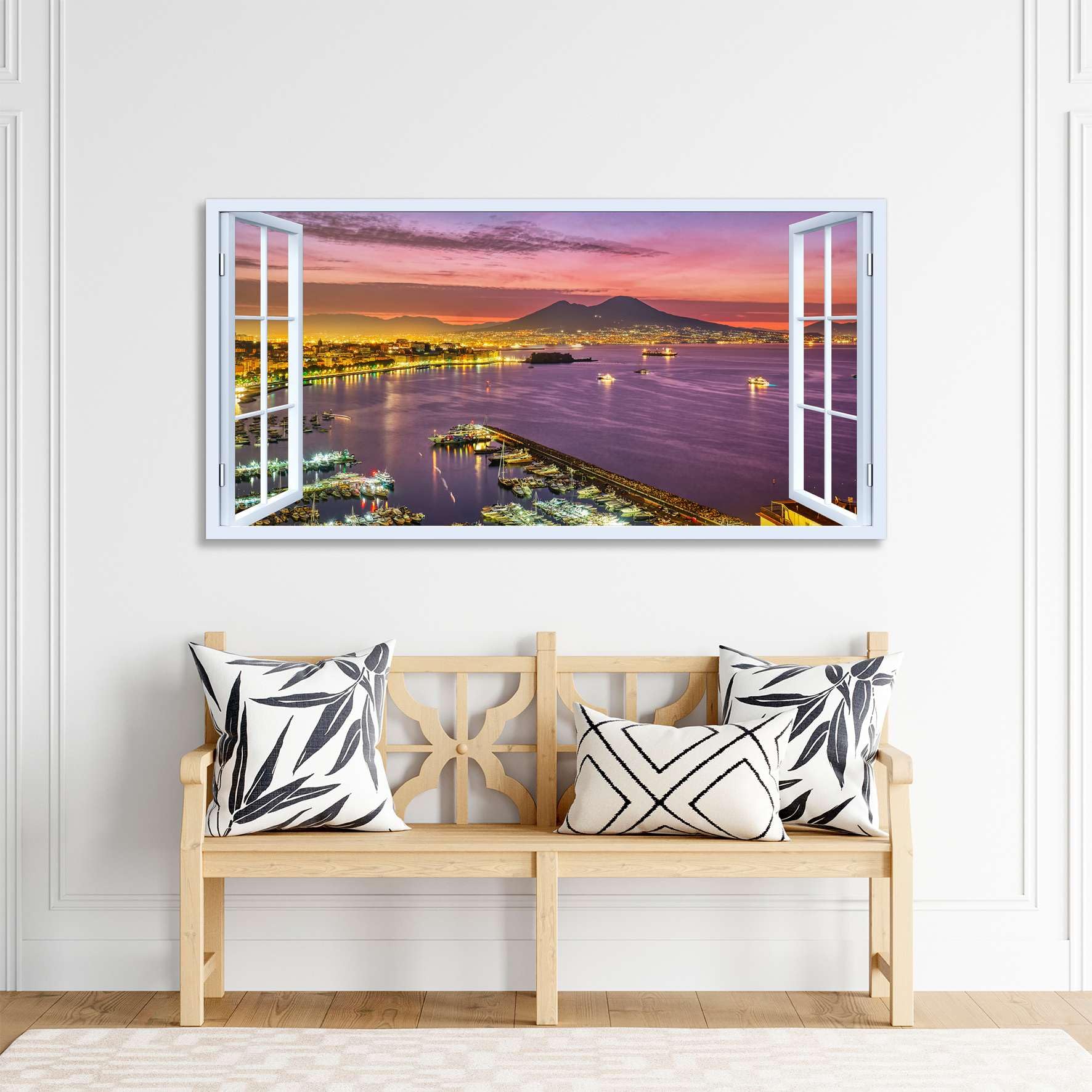 Quadro finestra Panorama golfo di Napoli Vesuvio al tramonto - Stampa su tela con telaio in legno - 120x60 cm