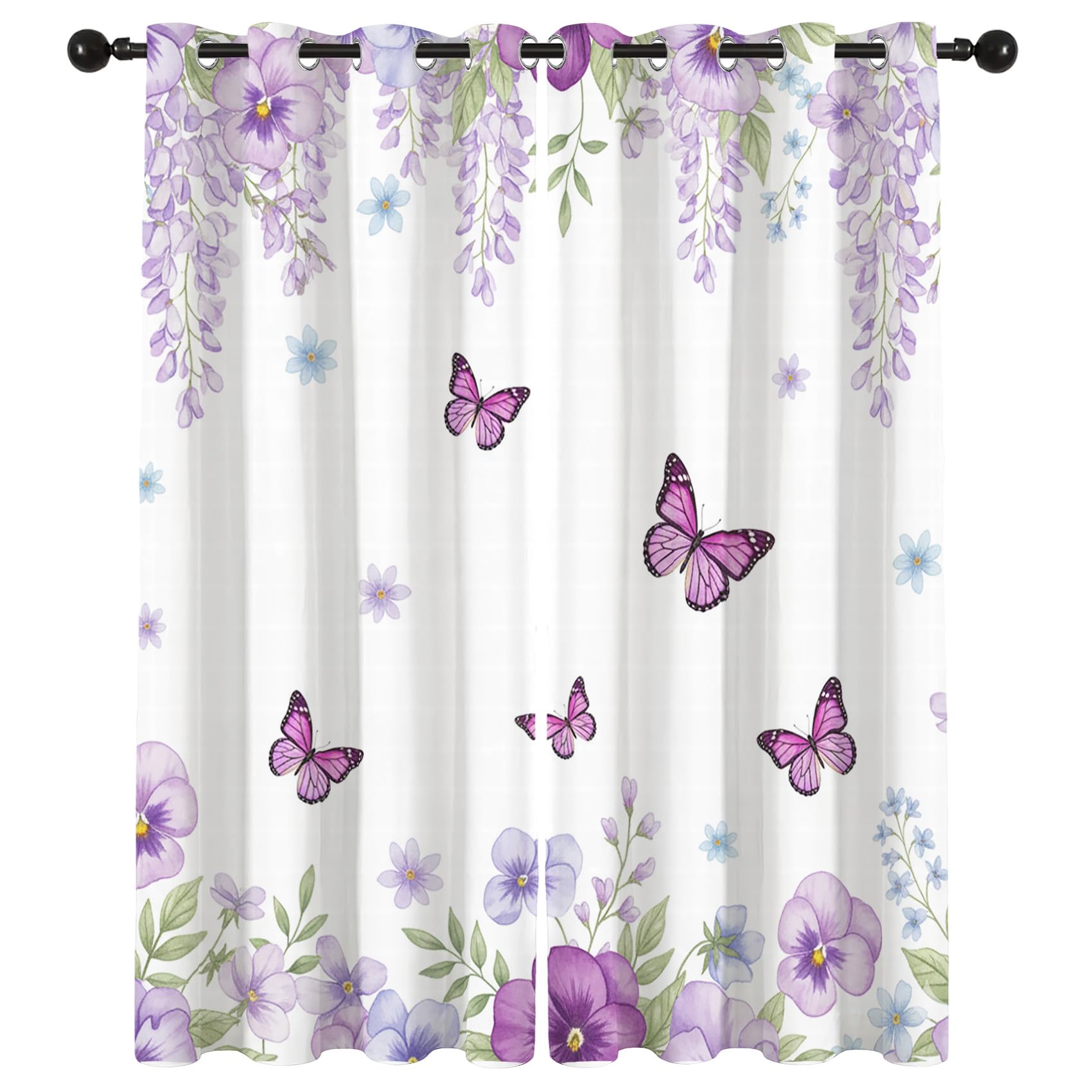 Rideau Occultant Thermiques Papillon et Fleurs Violette - Lot de 2 Rideaux Imprimé pour Salon Chambre Fenetre Cuisine, Rideaux et Draperies Intérieurs à Oeillets, 140x220 cm (LxH)