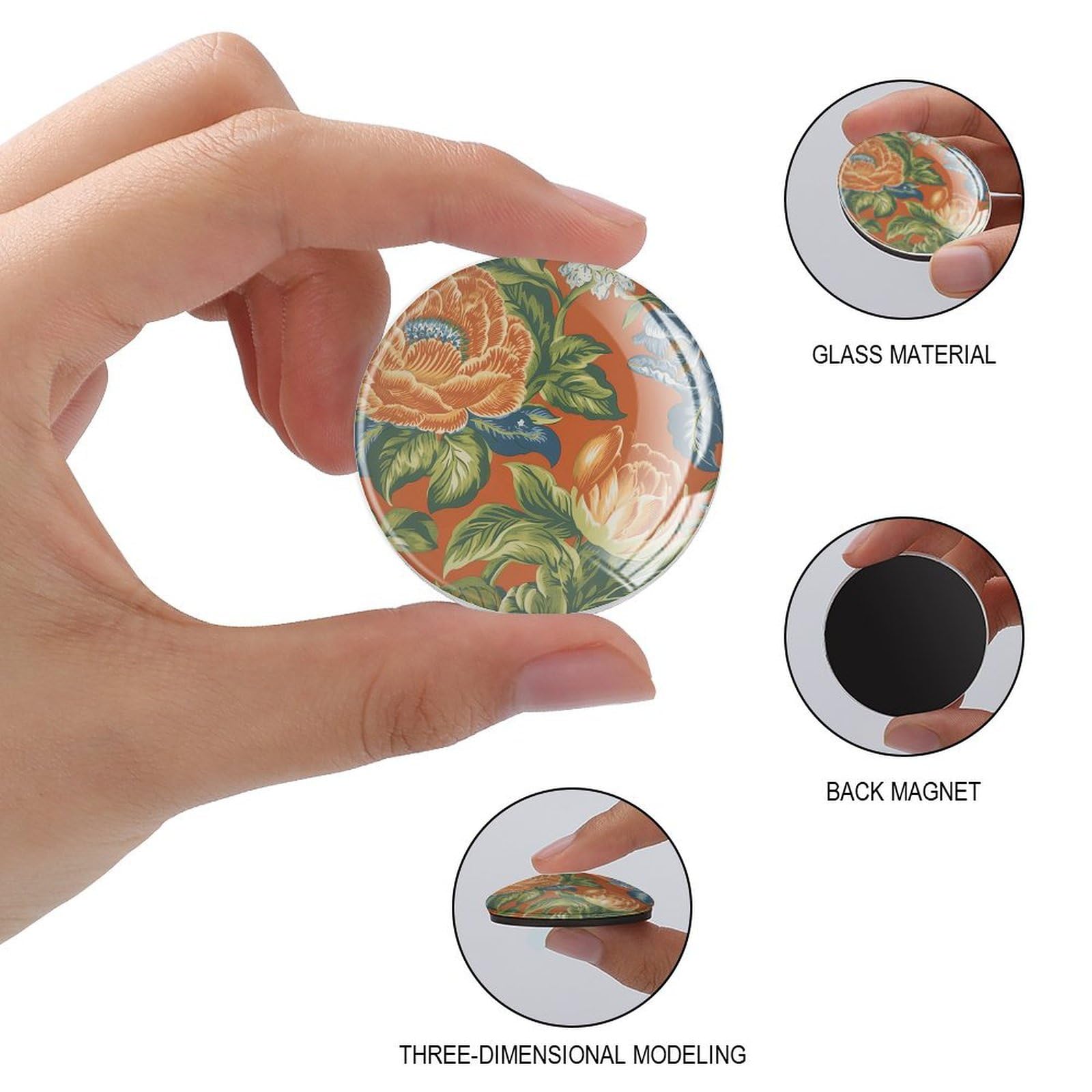 Imanes de nevera de Chinoiserie con diseño floral naranja para pizarra blanca de estilo asiático de vidrio, pequeños imanes decorativos tradicionales, imanes decorativos para oficina,