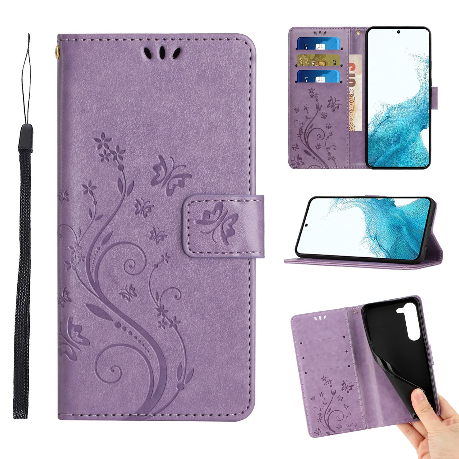 Flip Cover Compatible with Samsung Galaxy S23 Plus Wallet Case with Card Holder Kickstand PU Leather Butterfly Embossed Floral Holster Slim Silicone Bumper Shockproof Magnetic Clasp Lanyard-Purple