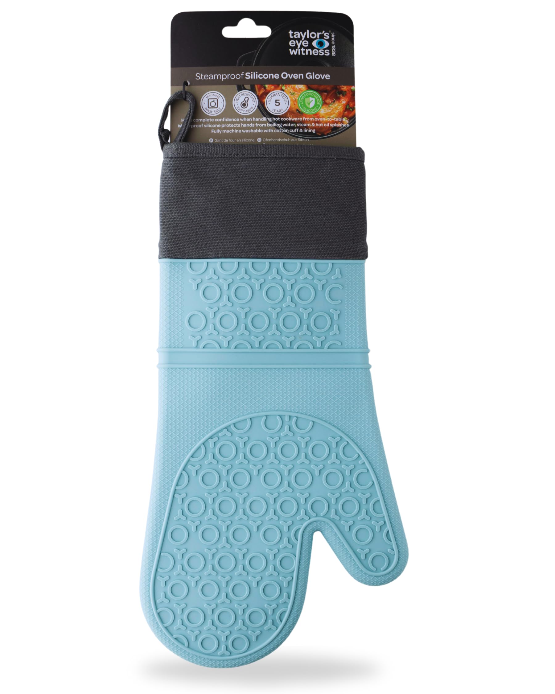 Taylors Eye Witness Boys Blue Silicone Oven Glove Aqua Stripe – Steam Proof, Waterproof Heat Resistant (Upto 250°C/480°F). Safe From Boiling Water & Hot Oil. Machine Washable, Bpa & Phthalate Free. 5 Year Guarantee.