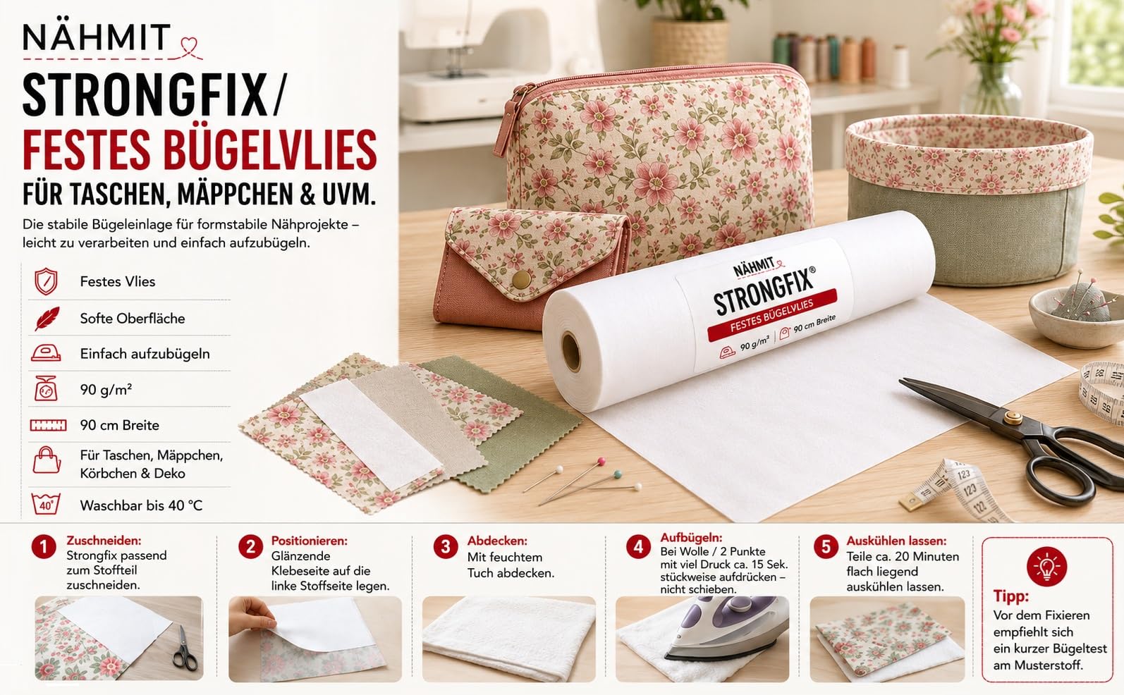 Strongfix stały polar do prasowania toreb i piórników i wielu innych 90 cm szerokości, można prać w temperaturze 40° wkładka do tkaniny siodłowej 320 (rolka 10 m)