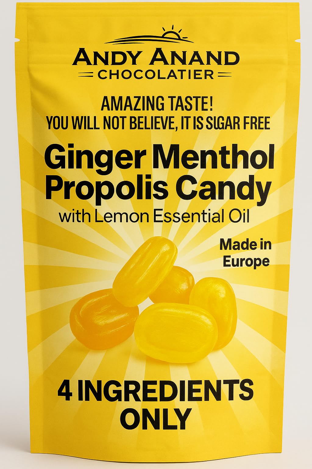 Andy Anand 60pc Sugar Free Ginger Menthol Propolis Candy with Lemon Essential Oil, 4 ingredients Providing Long Lasting Relief. Keto & Diabetic-Friendly, Gluten Free, Vegan, Made in Europe (7 Oz)