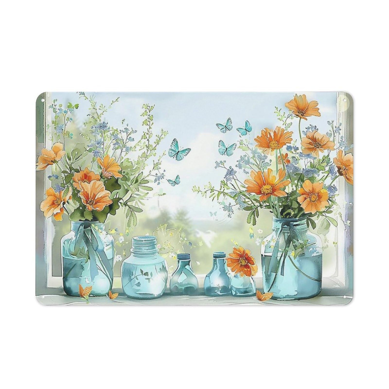 Rustic Metal Tin Sign, Vase Wildflower Vintage Print, Bedroom Elegant Floral Wall Decor 12x8 Inch