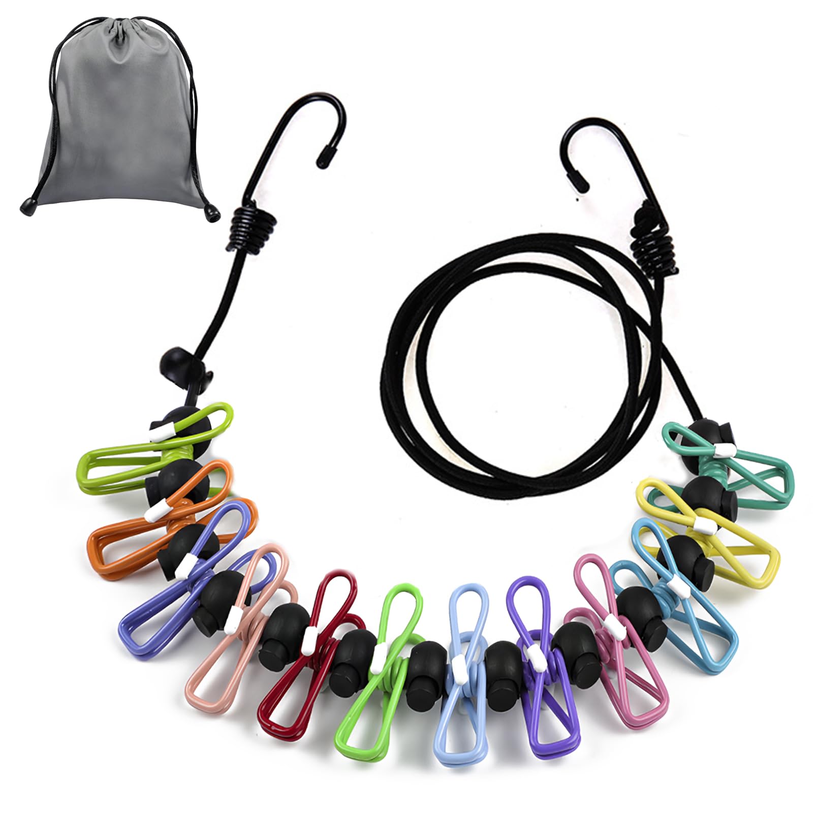 Cuerda de tender portátil, elástica, tendedero de camping, tendedero con 12 pinzas para viajes, vacaciones, exteriores, camping, dormitorio, (180-300 cm)