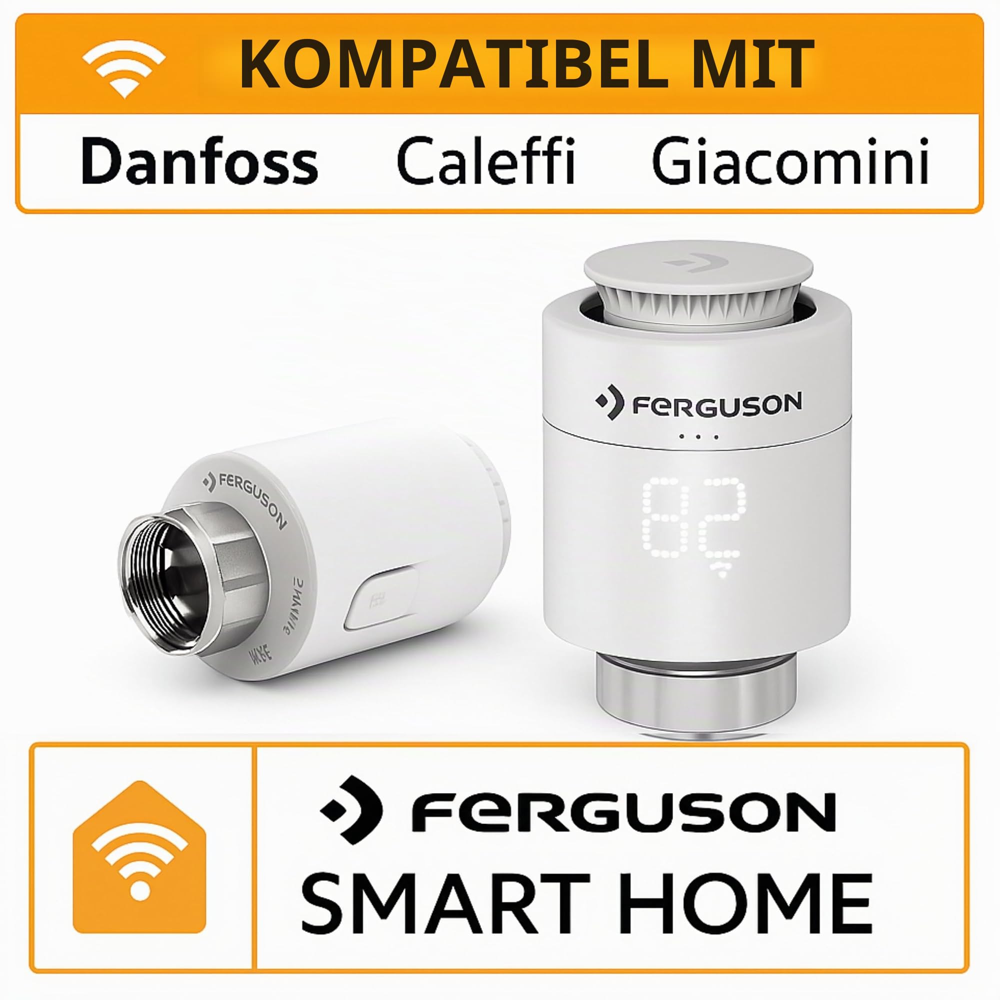 Ferguson 5X Smart Thermostatkopf ZigBee – Heizkörperthermostat programmierbar mit App Steuerung, Funkthermostat für Smart Home Set kompatibel mit Home Connect System