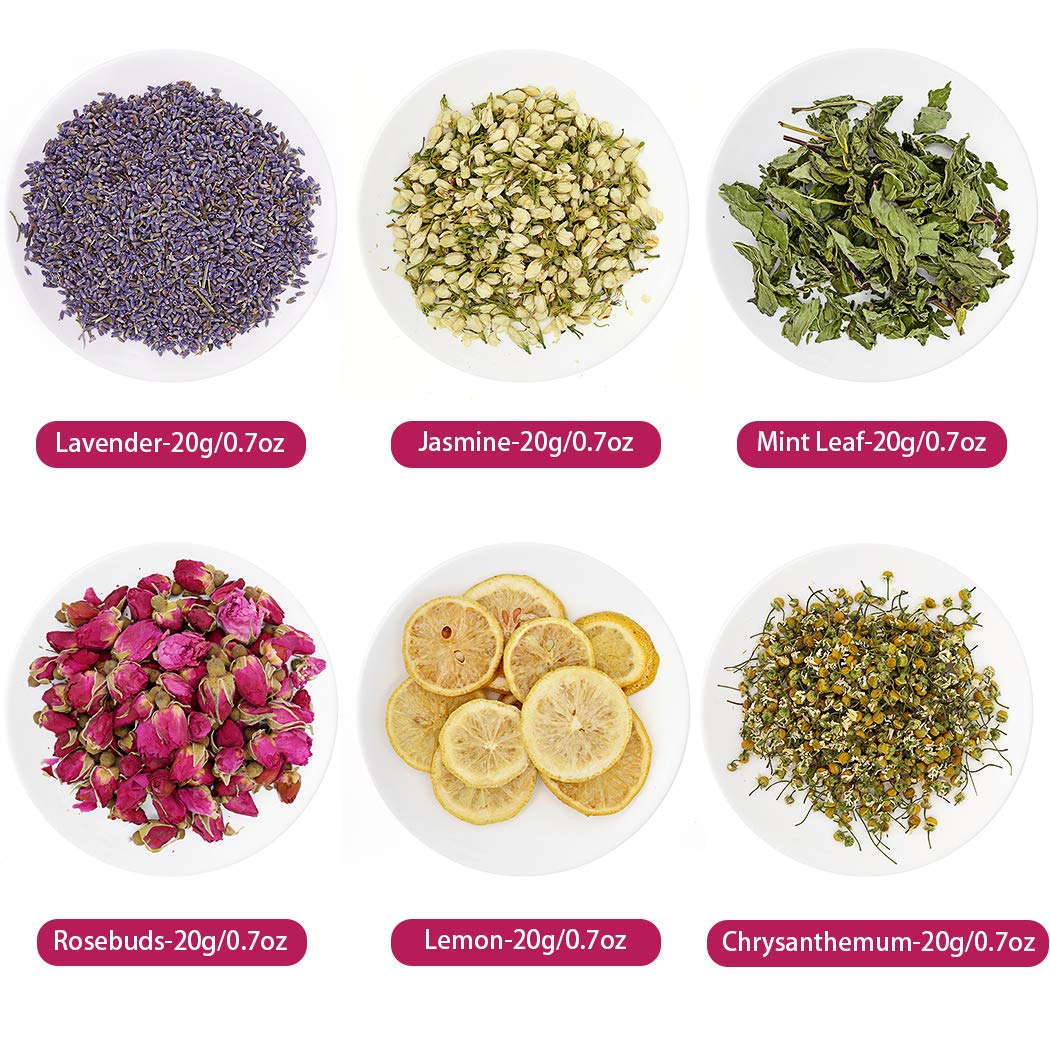 JUNMAO Dried Flowers for Soap Making Scents Kits,DIY Soap Supplies,Candle Making,Includes Lavender,Rose,Jasmine,Chrysanthemum,Lemon,Mint Set-Food Grade Bulk Dried Flowers Herbs Kit for Bath Bombs