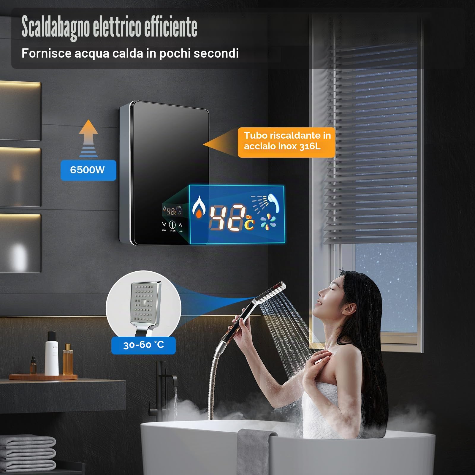 Scaldabagno elettrico digitale acqua calda senza serbatoio Kit doccia 30-55°C, 6500W, display LED, funzionamento touch, protezione interruzioni corrente