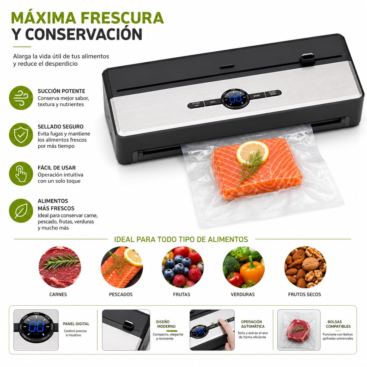 Envasadora al Vacío Profesional Gasfrit 30 cm, Selladora al Vacío para Alimentos Secos y Húmedos, Función Automática y Manual, Indicador LED, Sellado Hermético Conservación 5-8 Veces Más