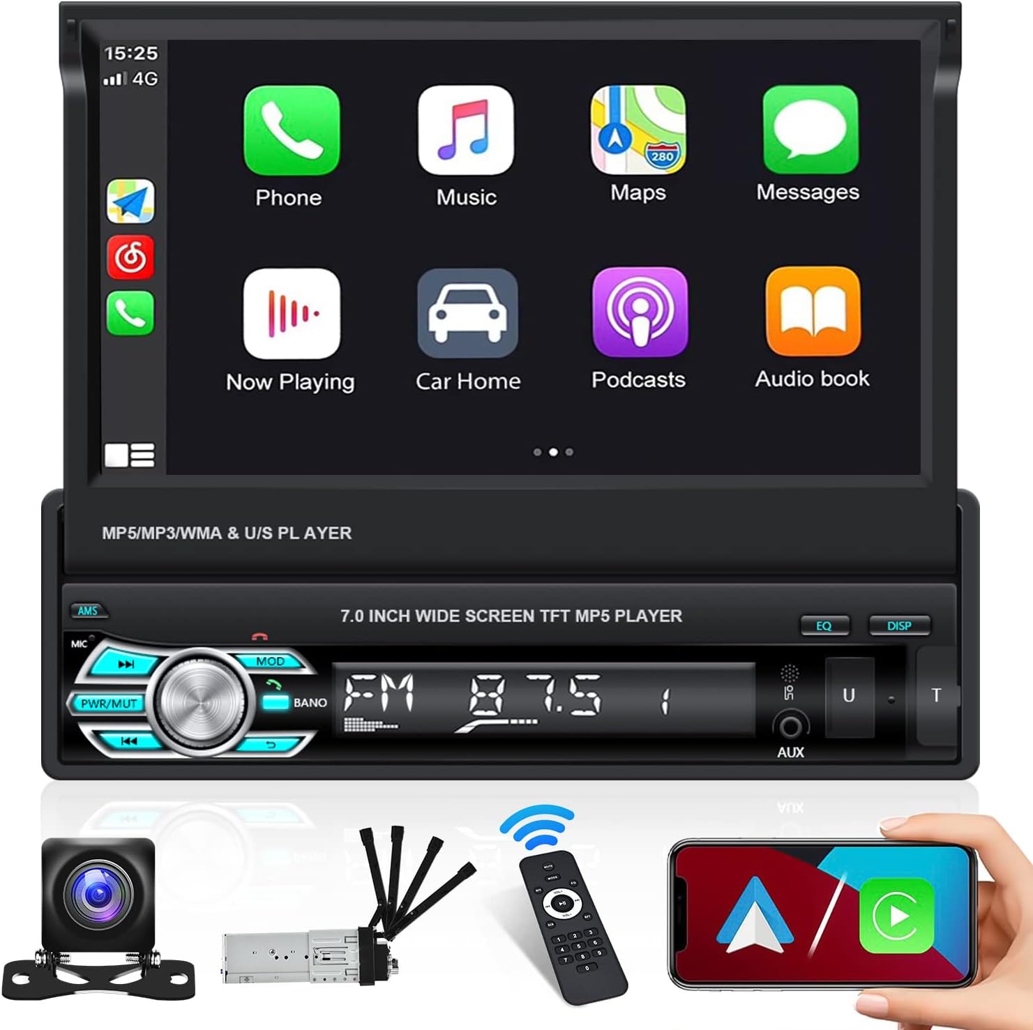 Hikity 1 Din Flip Out Car Stereo with Screen, Single Din Apple Carplay