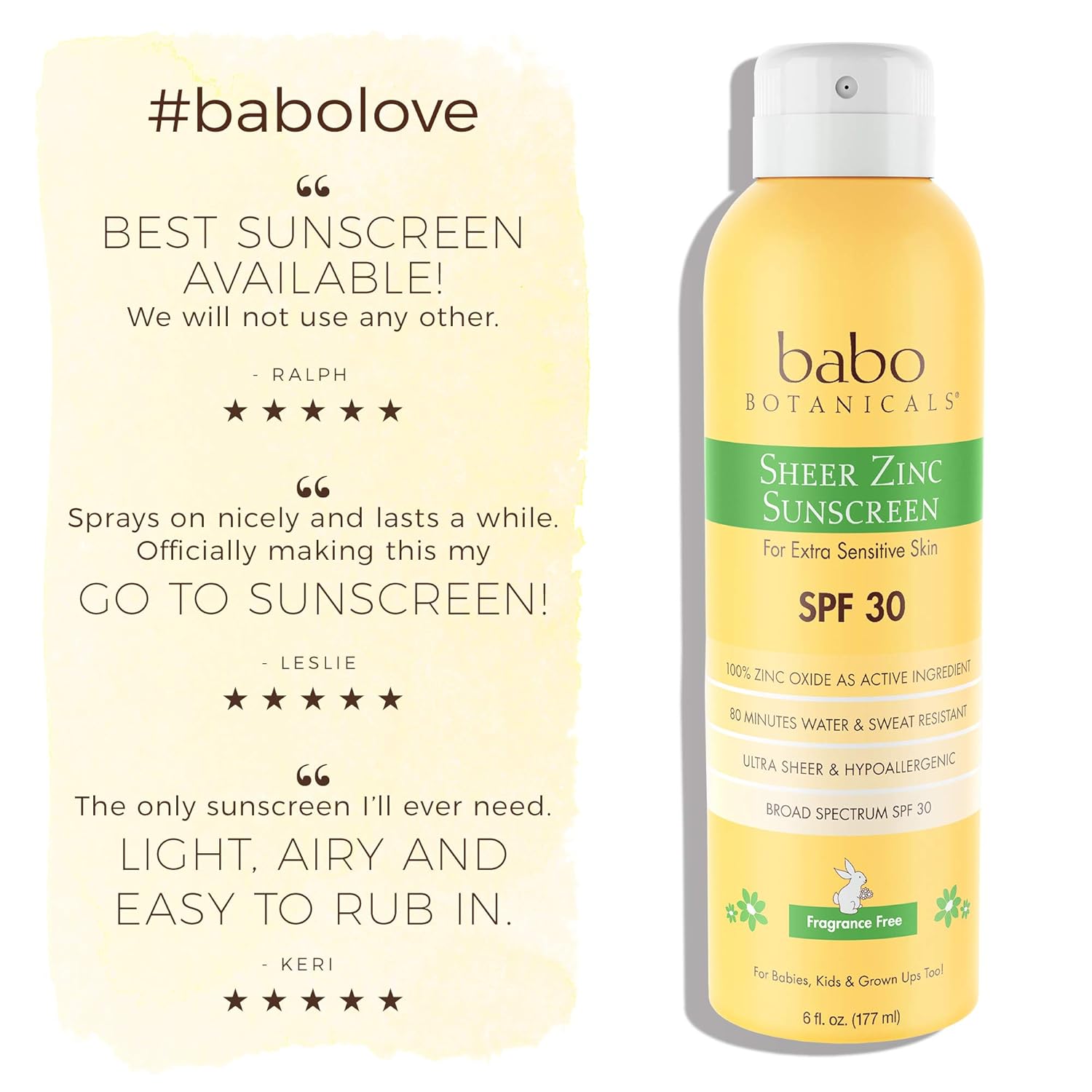 Babo Botanicals Sheer Zinc Continuous Spray Sunscreen SPF 30 with 100% Mineral Active, Non-Nano, Water-Resistant, Reef-Friendly, Fragrance-Free, Vegan, for Babies, Kids or Sensitive Skin - 6 oz. : Beauty & Personal Care