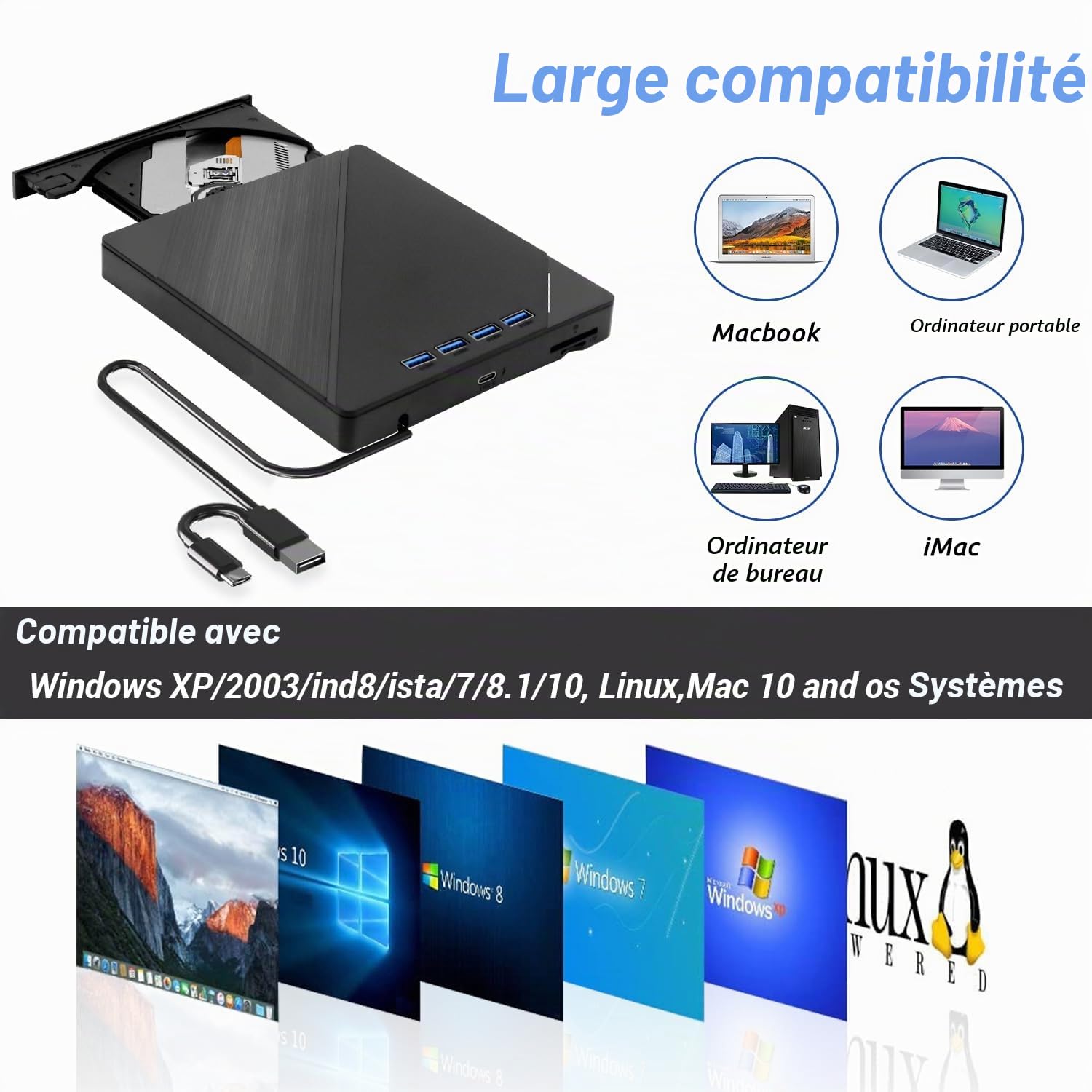 Custom Catch Lecteur Optique Blu - Ray Externe 7 en 1 Lecteur DVD/BD/CD, Lecteur Optique Blu - Ray usb3.0 Type - c3d, pour Windows XP / 7/8 / 10/11