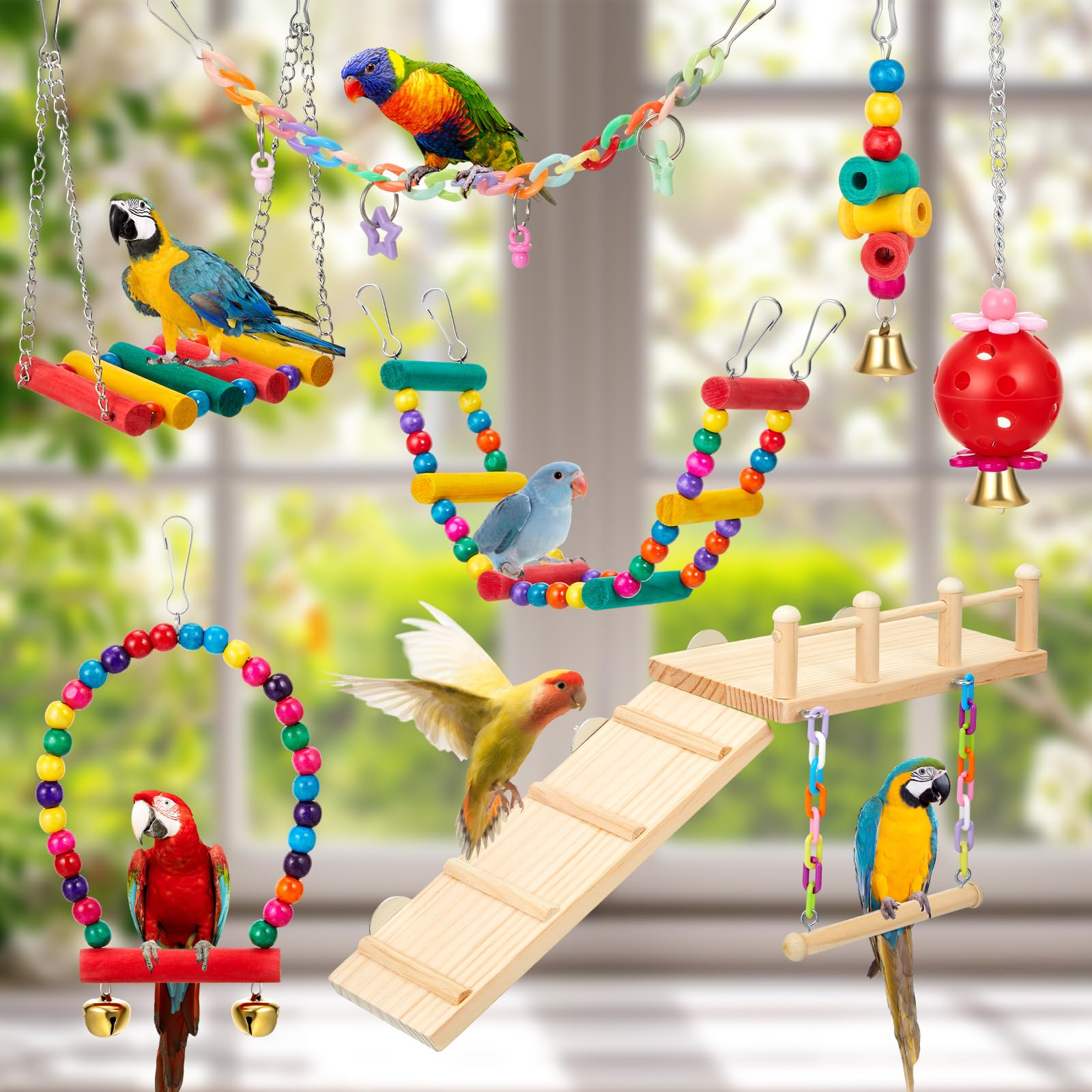 12 piezas de juguetes de columpio para loros y plataforma de madera para pájaros con escalera de escalada, colorido masticable, juguete colgante para periquitos, accesorios para periquitos,