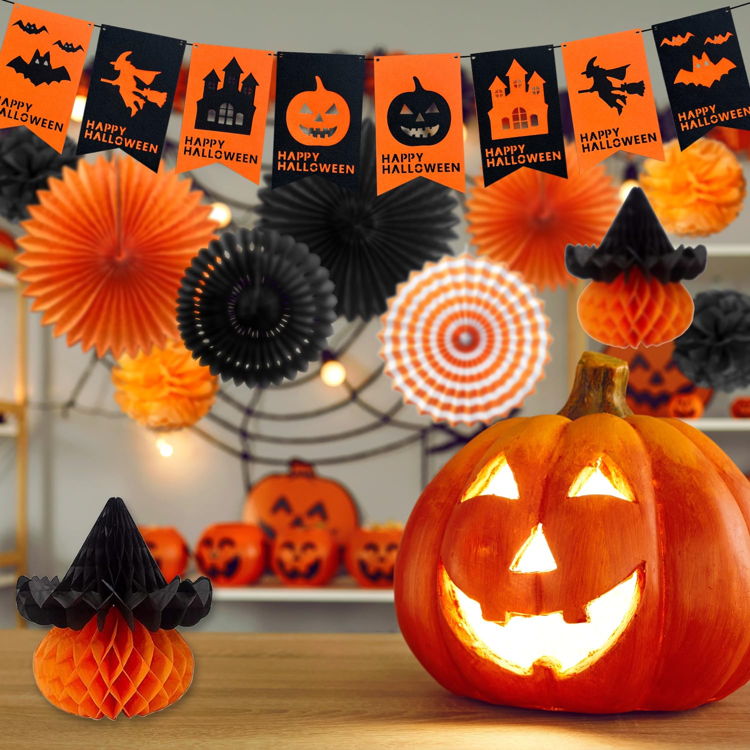Mauts Halloween Party Decorations set , Halloween paper fan flowers, hanging swirl and happy pumpkin banner (Halloween 2) - Image 4