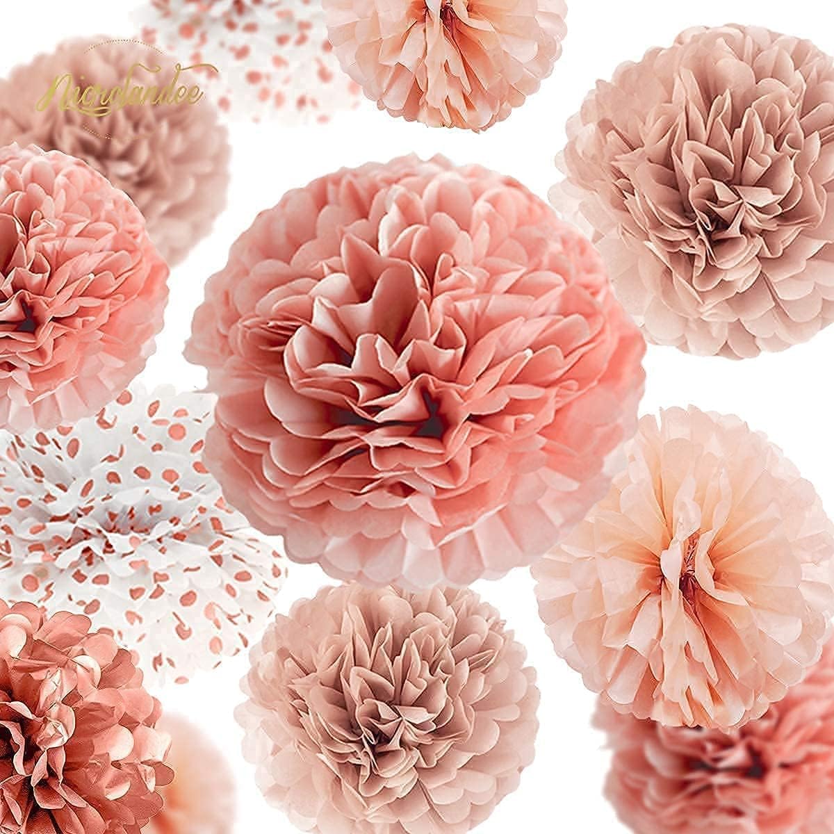 NICROLANDEE Wedding Decorations - 12 PCS Rose Gold Burnt Coral Tissue Paper Pom Poms and 8 Rolls Rose Gold Crepe Paper Streamers for Wedding Bachelorette Party Birthday Baby Bridal Shower Decorations
