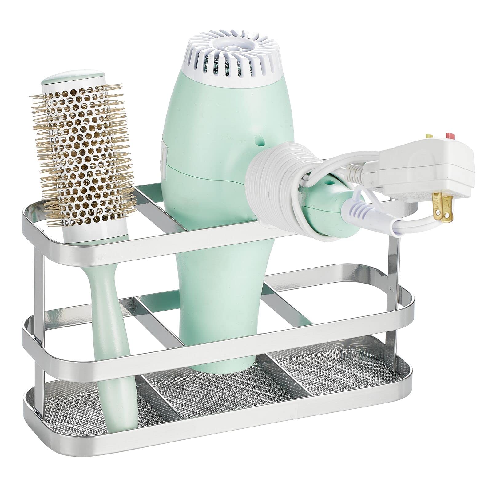 mDesign Steel Bathroom Wall Mounted Hair Tool Storage Organizer Accessory Basket Tray, Hang Holder for Hair Dryer, Straightener, Curling Iron, Styling Products, Carson Collection, Chrome