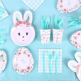 KEPATO 16 Guest Bunny Easter Tableware Set - 113pcs including Disposable Paper Plates Napkins Cups,Tablecloth Cutlery for Easter Party Decoration, Kids Birthday Party and Baby Shower Party Supplies