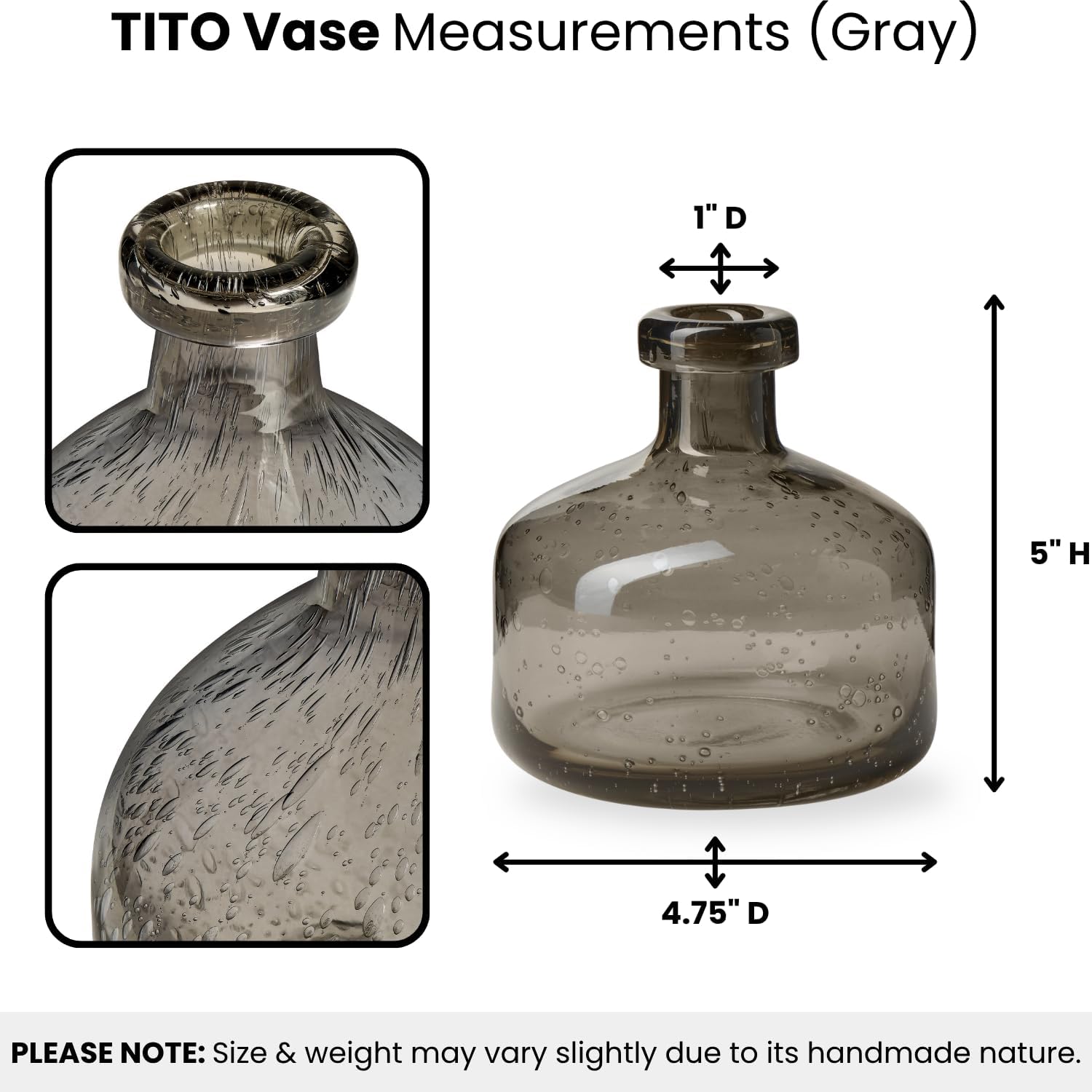 Torre & Tagus 5" Solid Gray Glass Vase for Flowers & Reed Diffuser Bottle, Mouth Blown & Watertight Clear Black Vases for Modern Home Decor, Wide Bud Vases for Shelf, Bookcase, or Wedding Gift (Tito)