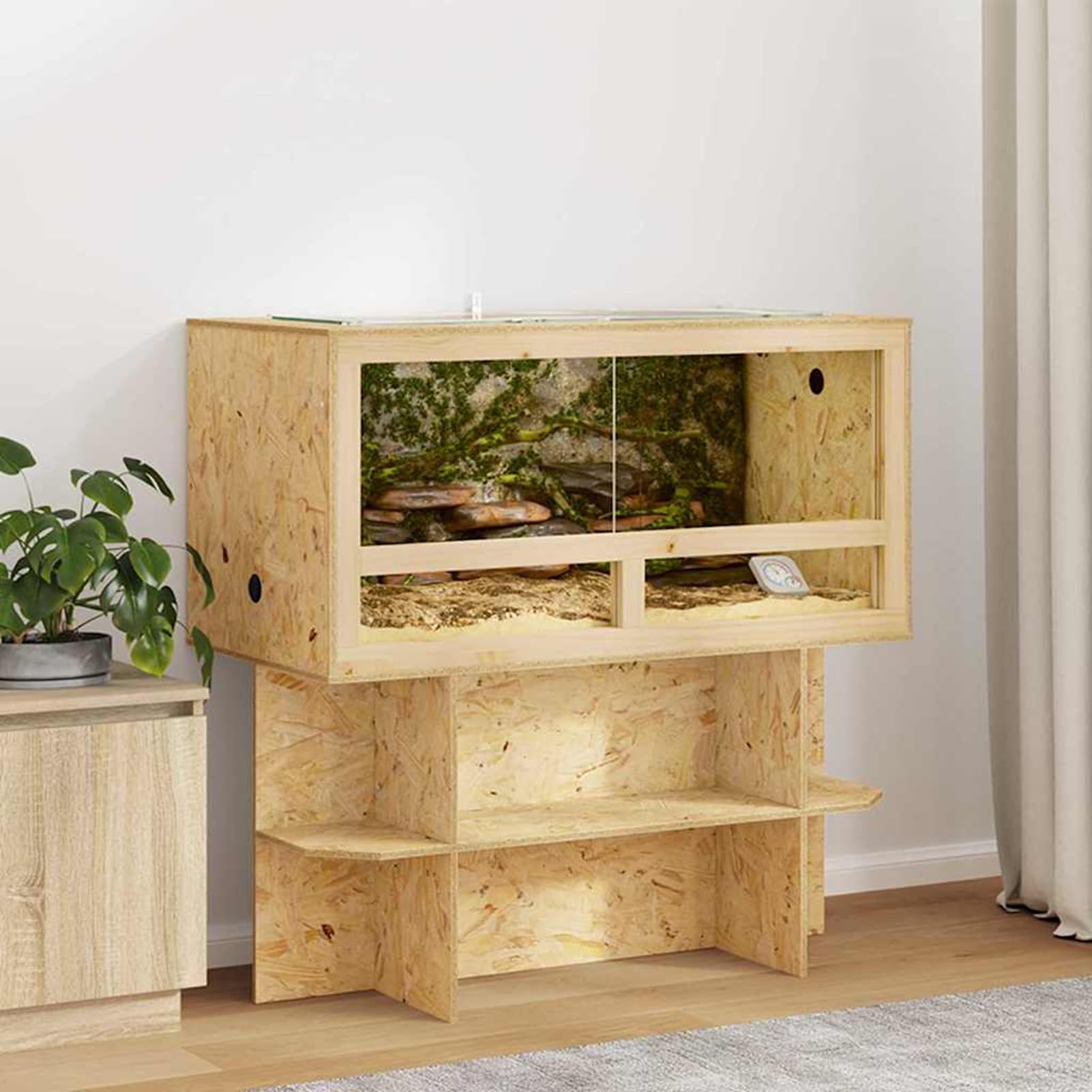 Terrario OSB Rustico per Rettili e Anfibi 100x50x50 cm, con Termometro, Finitura Marrone Opaca, Spazio Ampi, Design Naturale, Solo per Uso Interno