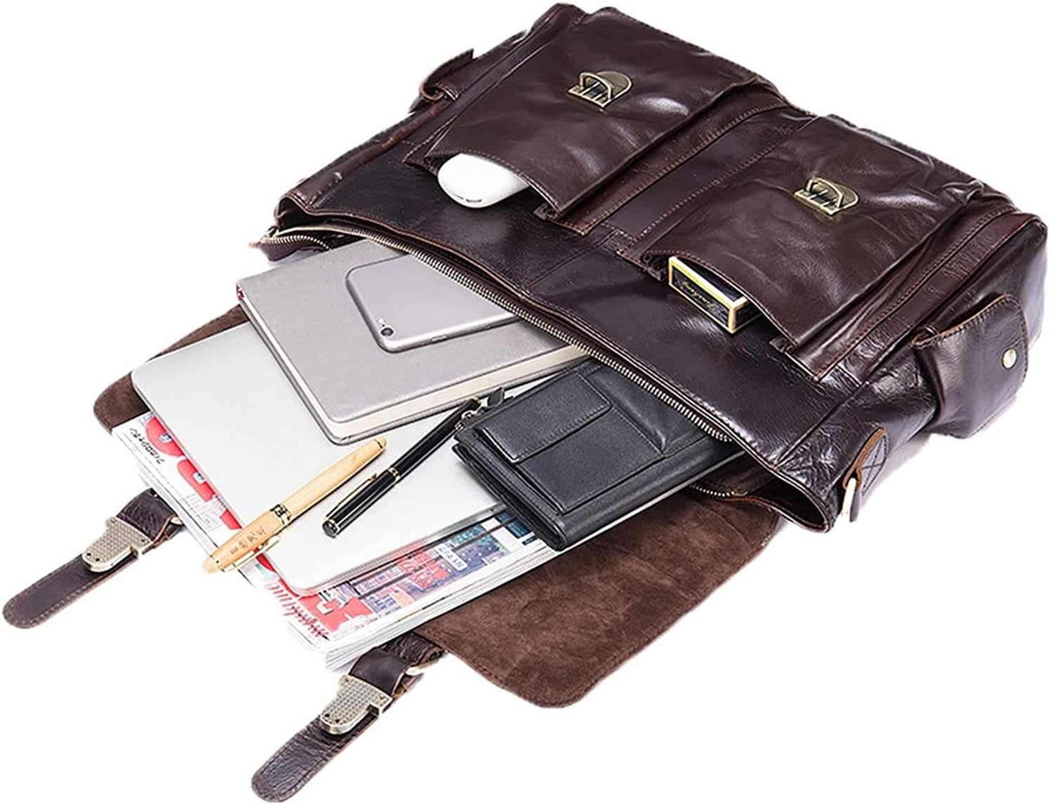 Classic Leather 14 Inch Laptop Briefcase Flap Messenger Bag Business Large Shoulder bag