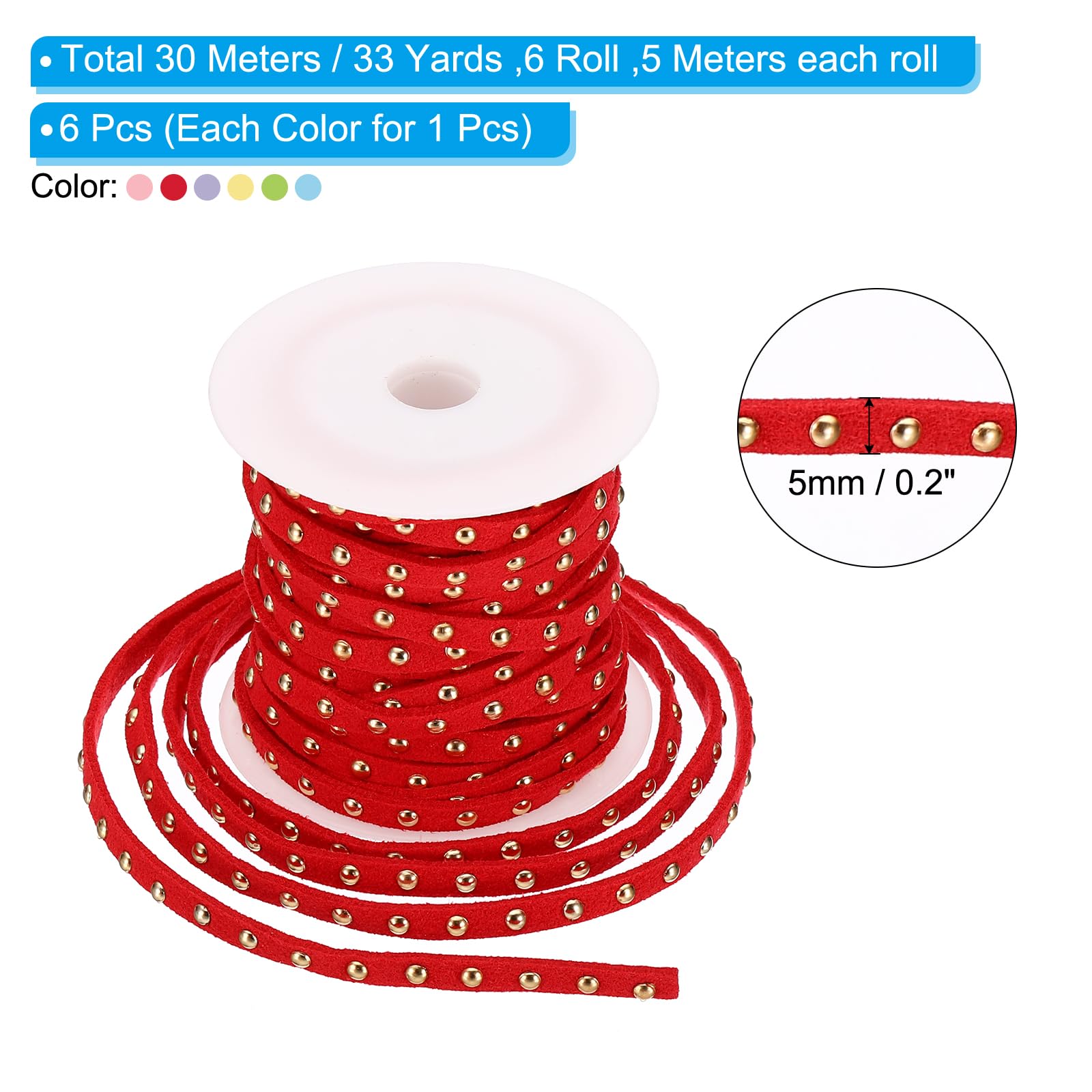 PATIKIL 32.8 Yards Studded Faux Suede Cord Rope for Jewelry Making 6Pcs Each 5m 5mm Flat Leather Lace Beading String Ribbon Gold Rivets - Image 2