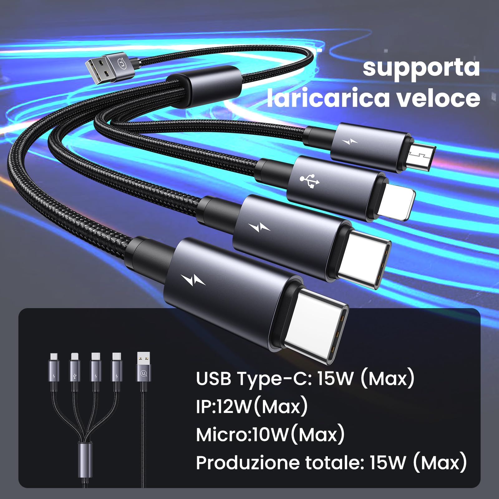 Pluggify Cavo di ricarica multipla 4 in 1 universale in nylon intrecciato multi caricatore cavo di ricarica con iP/Micro USB / 2 tipo C connettore per telefono/tablet, 1,2 m