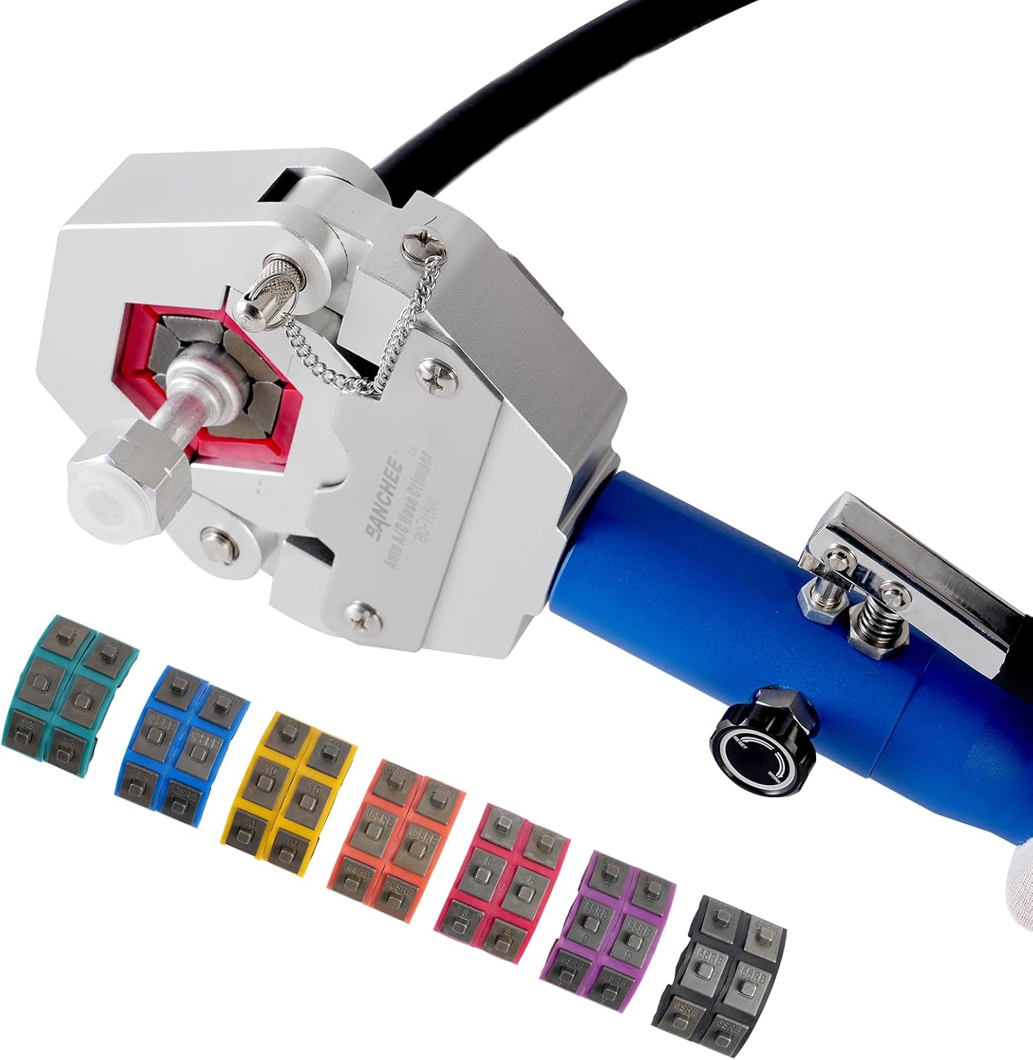 BANCHEE Hydraulic Hose Crimper AC Crimping Tool for Barbed and Beaded Hose Fittings, Air Conditioning Repaire Ac Hose Crimper with 7 Die Set（ BC-71500）