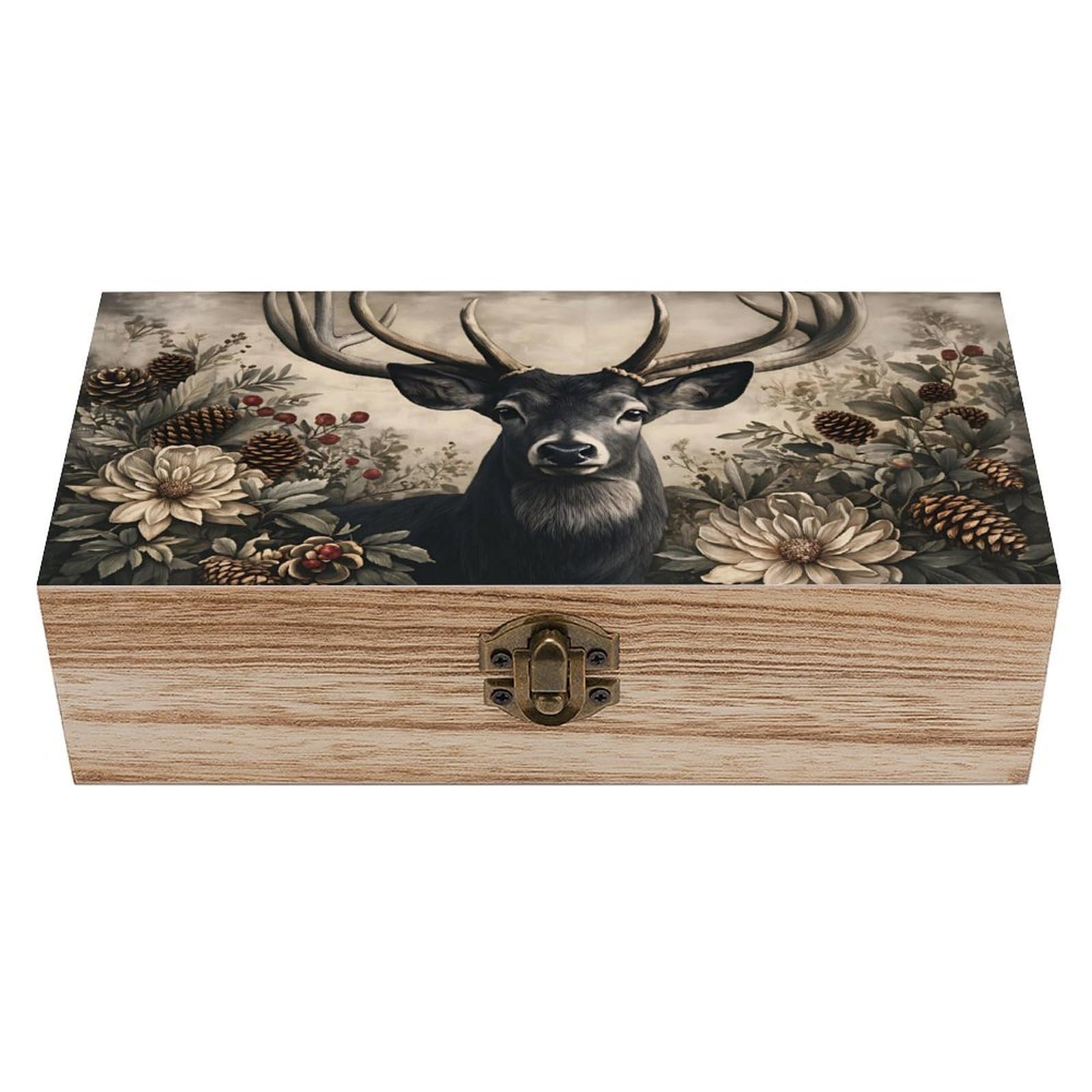 SMAZDFXX Deer Floral Pinecone Wooden Keepsake Box Vintage Solid Wood with Hinged Lid 7.9"×3.7"×2.3" Metal Latch Rustic Home Decor for Jewelry Photos And Trinkets