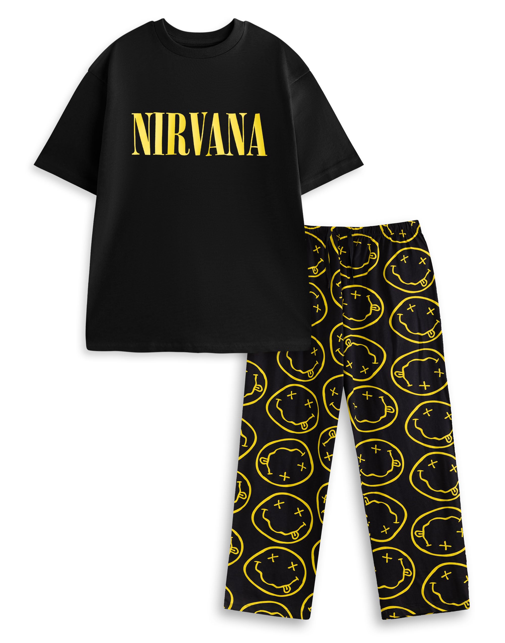 Nirvana Mens Black Short Sleeve Long Leg Pyjama Set | Classic Crew Neck Nightwear with Logo | Music-Themed Sleeping & Lounging Outfits Merch - Medium