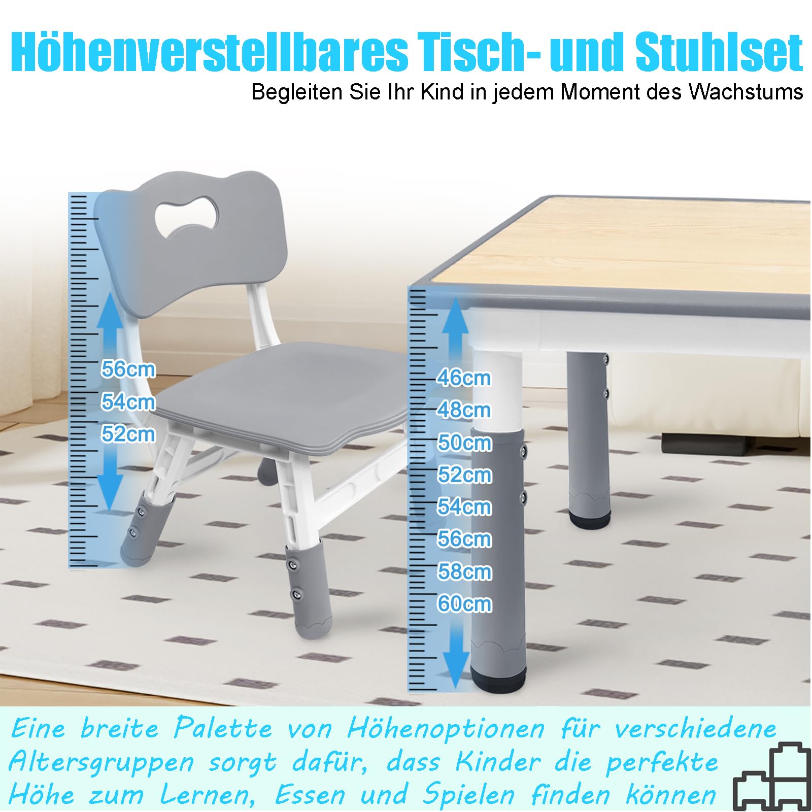 ACXIN Juego de mesa infantil con 4 sillas, de plástico, altura regulable, para habitación infantil, guardería y aula, gris