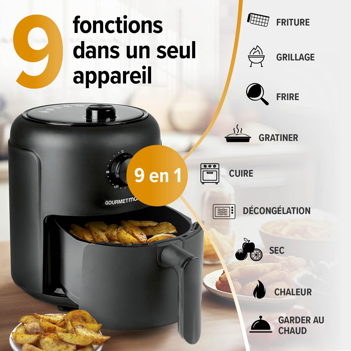 GOURMETmaxx Air Fryer de 2,3L | Friteuse à air chaud avec minuterie & écran tactile | 8 fonctions & 7 programmes | Frire à économie d'énergie & presque sans huile dans ce mini-four - 1000 W [Noir]