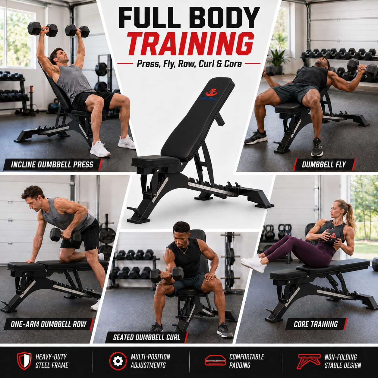 Adjustable Weight Bench, 1300 lb, 40 Positions for Home Gym | 10 backrest and 4 seat angles, heavy-duty steel frame for incline, flat, and dumbbell strength training