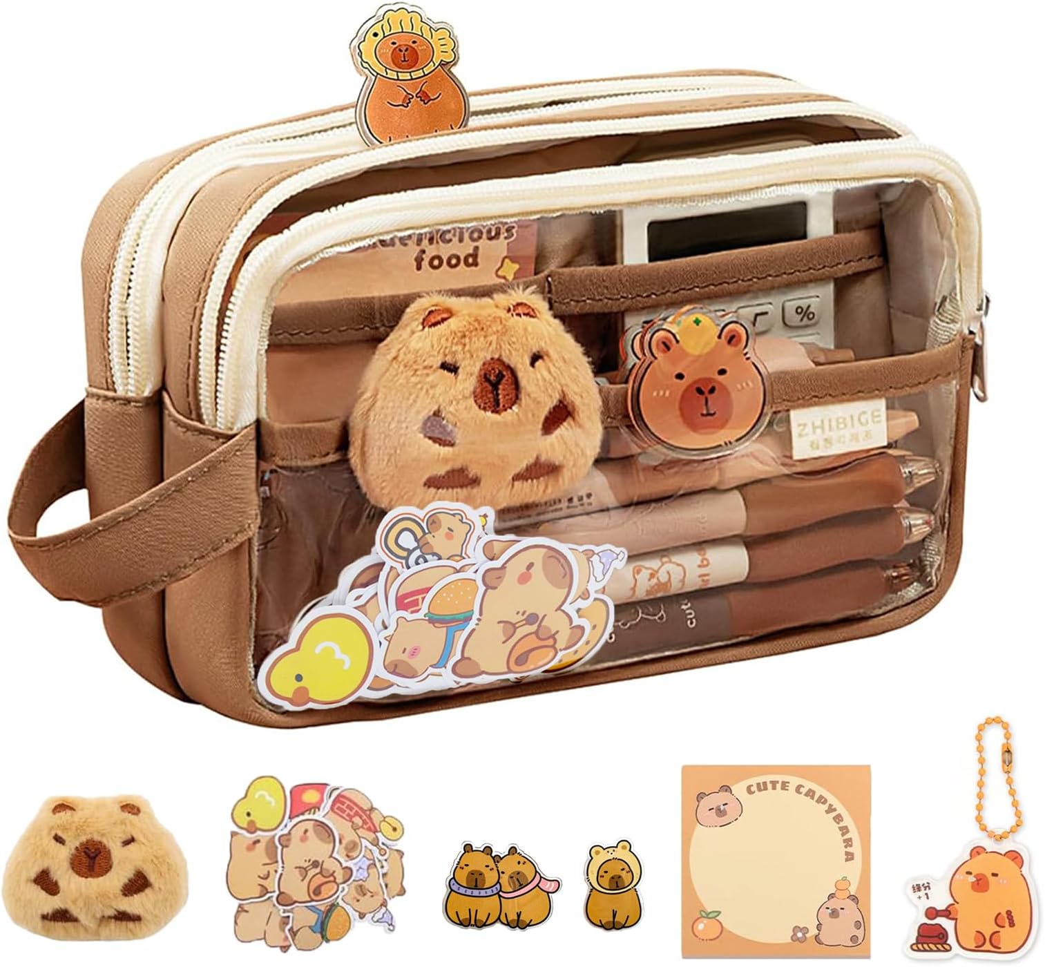 Capybara Pencil Case,Cute Capybara Pencil Pouch,Transparent Pen Pouch with Compartments,Wide Opening Mouth Pen Case for Stationery Cosmetics Toiletry Storage
