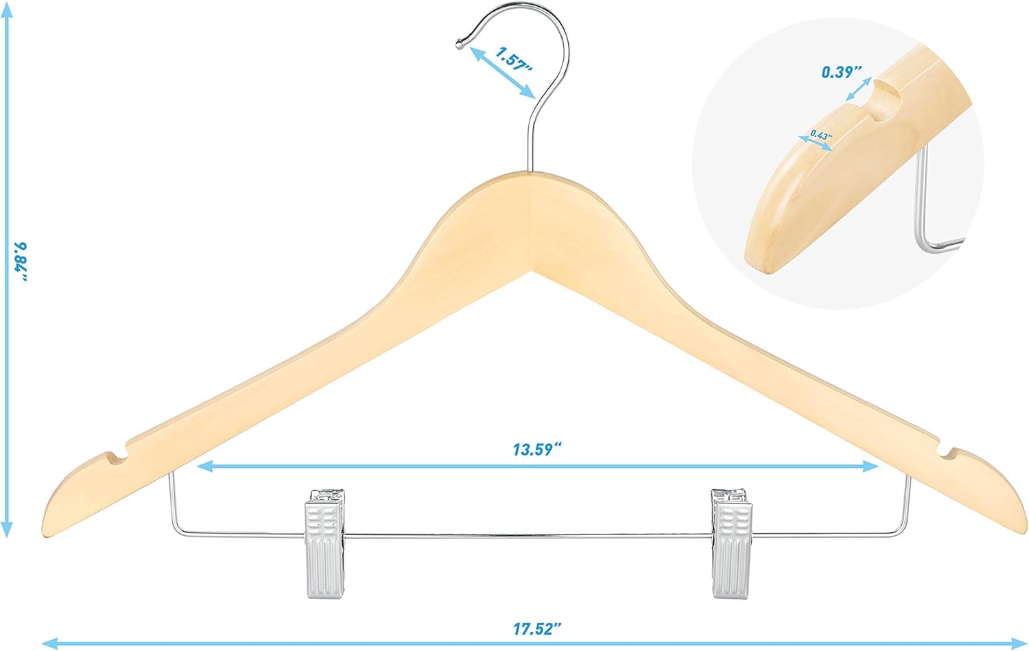 TOPIA HANGER Wooden Suit Hangers with Adjustable Metal Clips (20 Pack), Solid Smooth Wood Clothes Hangers, 360° Swivel Hook, Premium Pants Hangers for Clothes Coat, Jeans, Blouse-Natural, CT28N20