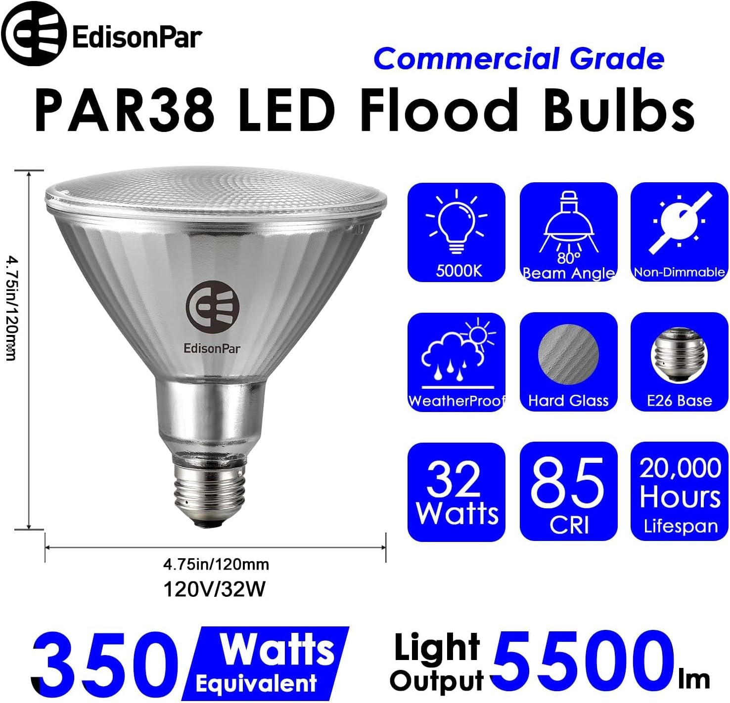 Full-Glass PAR38 LED Flood Light Bulbs Outdoor/Indoor Equivalent 350 Watt, 5500 Lumens Ultra Bright, Non-Dimmable Waterproof 5000K Daylight, 2-Pack 32W / Non-Dimmable 2.0