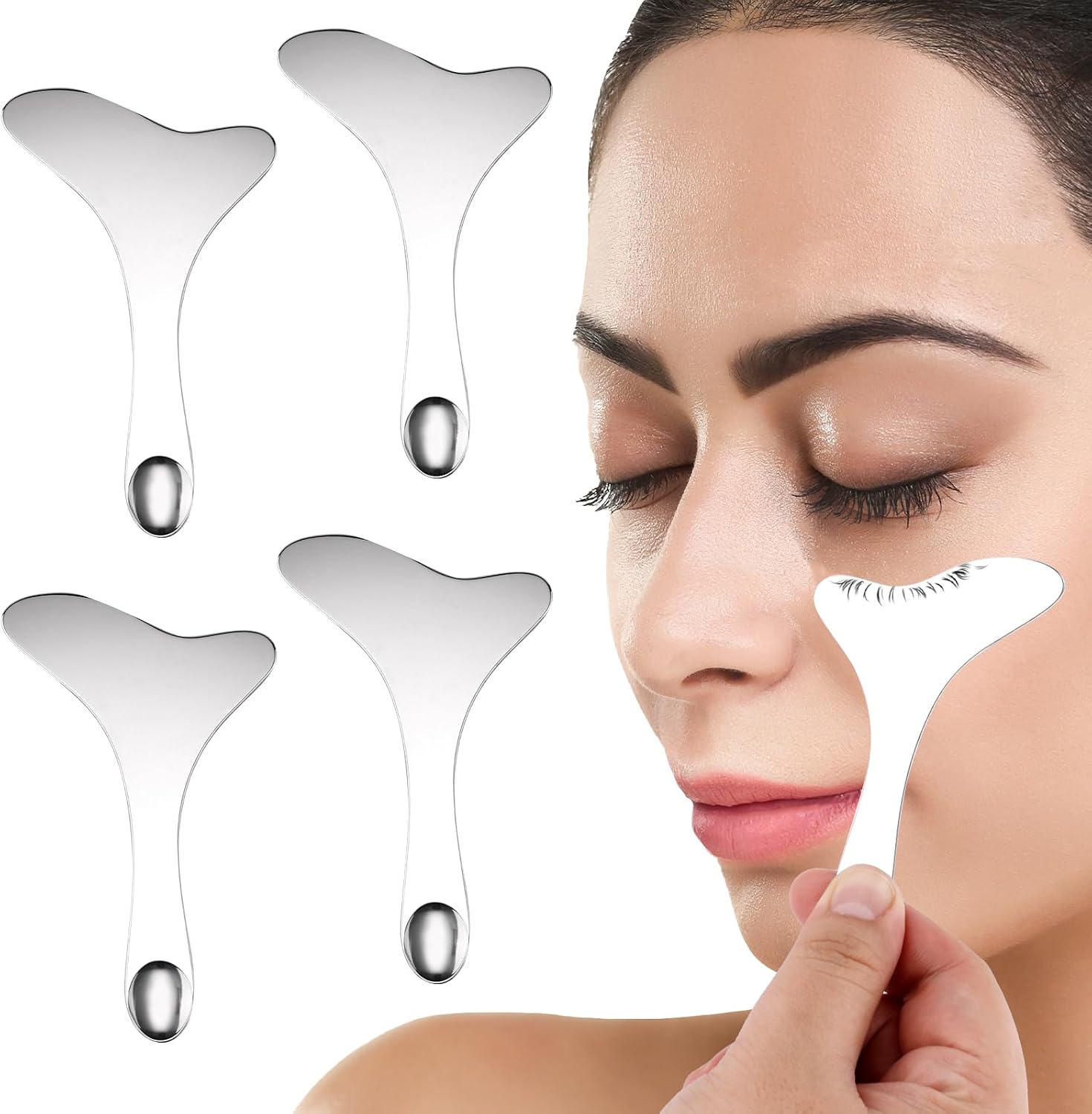 BOXOB 4uds Plantilla de Delineador de Ojos Acero Inoxidable 304, Herramienta Auxiliar Guía Delineador Ojos con Alas Reutilizable Protector Rímel Multifuncional Aplicador Plantilla Maquillaje Rápido