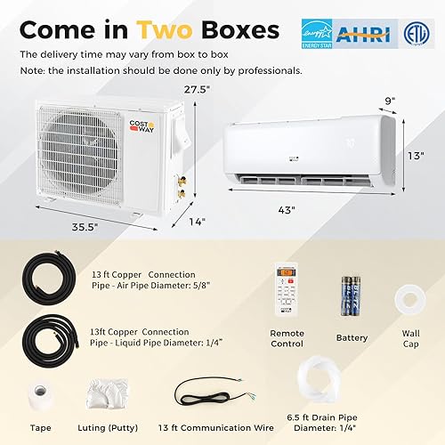 Vista 68 de COSTWAY Aire acondicionado y calentador mini split de 12000BTU, 20 SEER2 115 V, unidad de CA sin conductos montada en la pared, enfría habitaciones