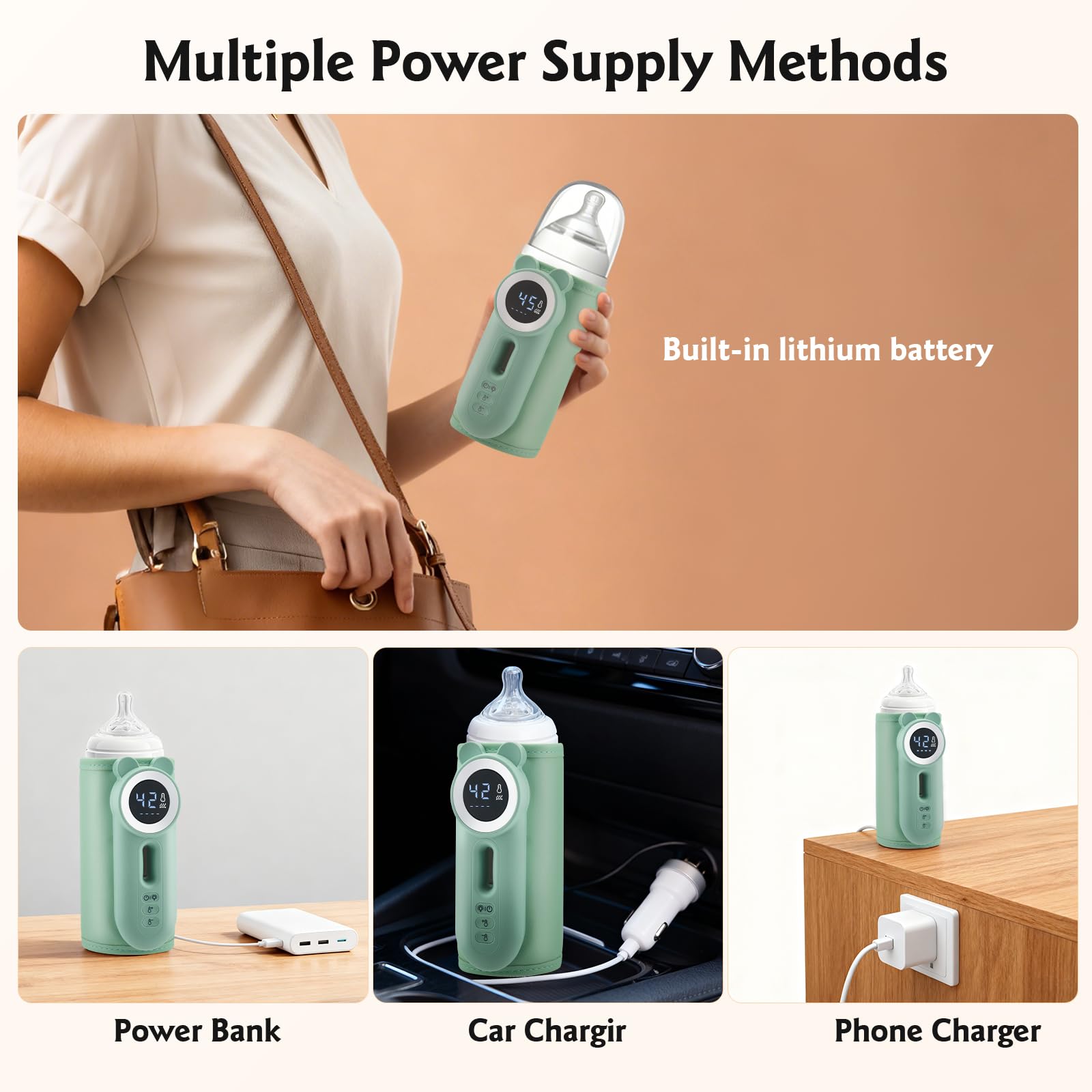 Scaldabiberon portatile in viaggio, controllo della temperatura a 11 livelli e display LED, riscaldamento rapido senza acqua, batteria da 10400 mAh, con luce notturna per viaggi e casa (verde)